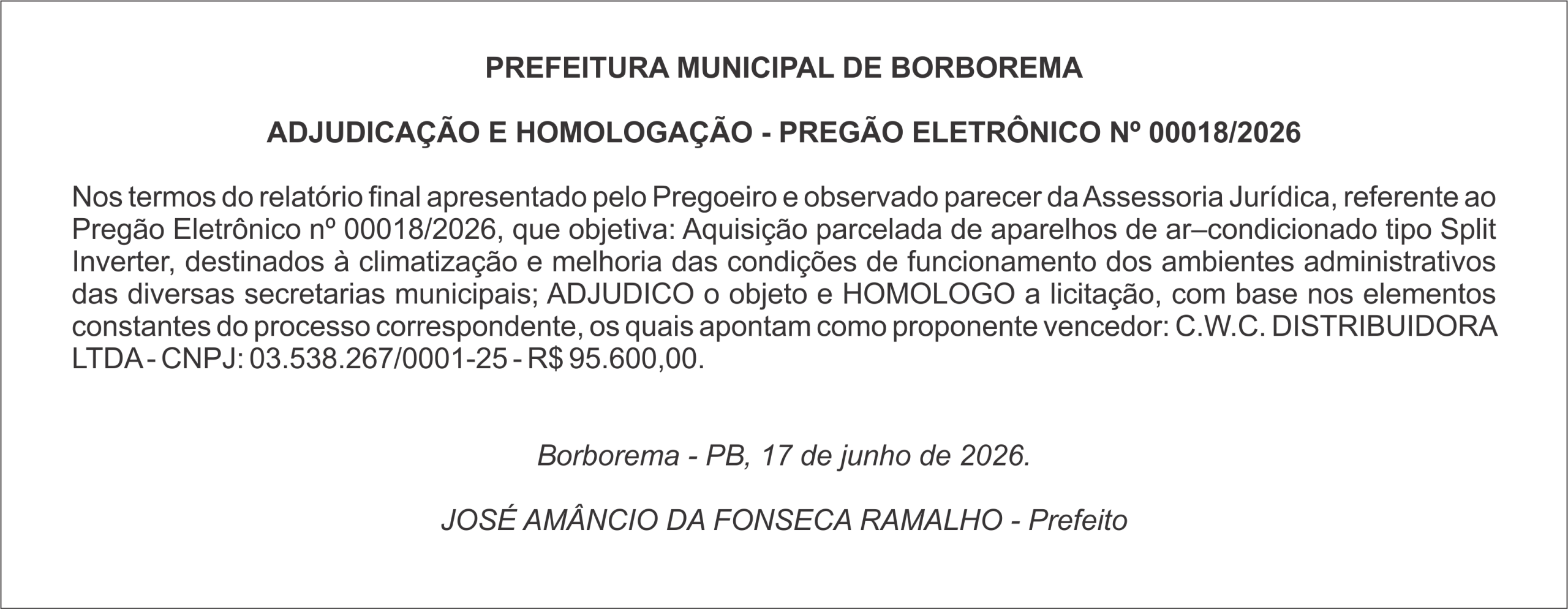 PREFEITURA MUNICIPAL DE BORBOREMA – ADJUDICAÇÃO E HOMOLOGAÇÃO – PREGÃO ELETRÔNICO Nº 00018/2026