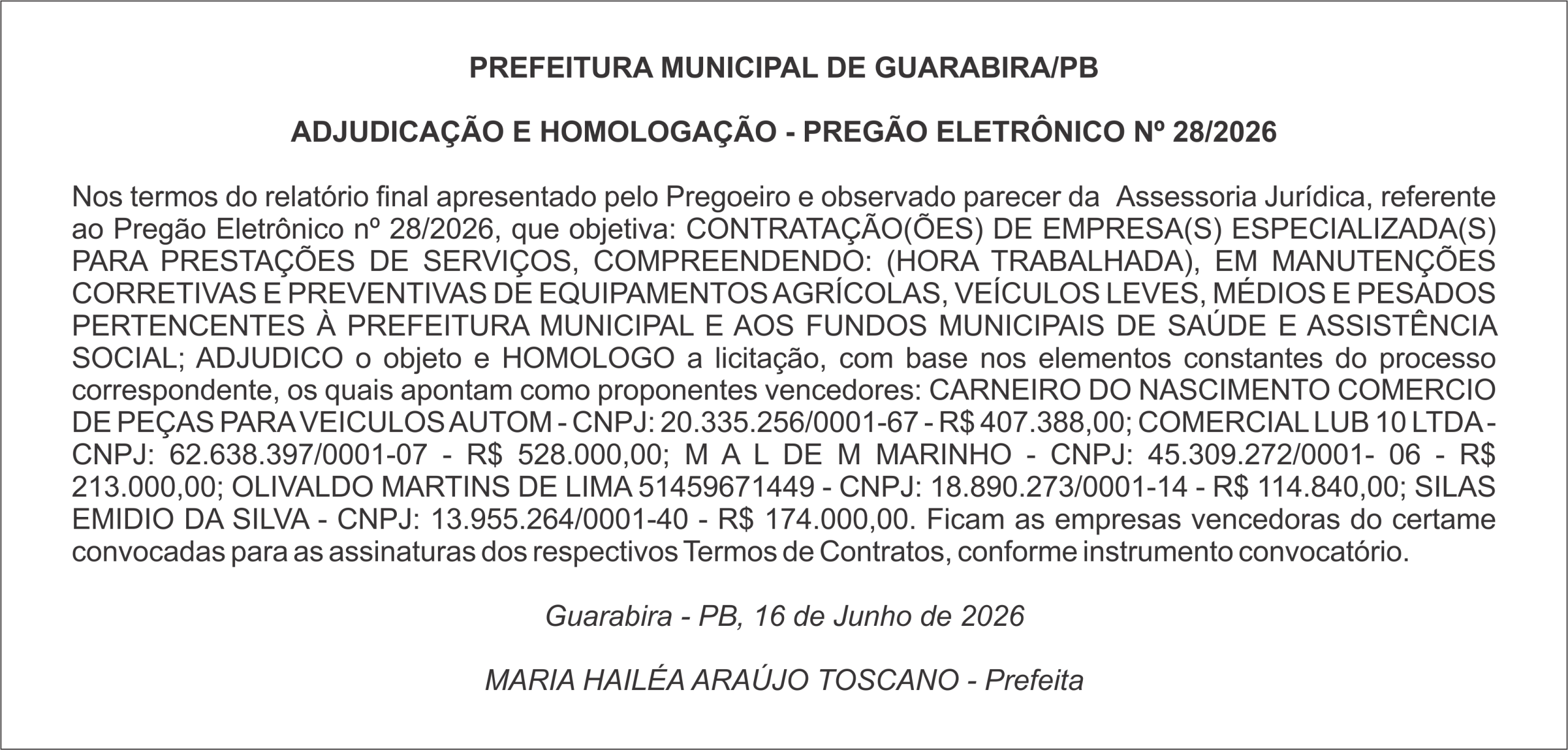 PREFEITURA MUNICIPAL DE GUARABIRA/PB  ADJUDICAÇÃO E HOMOLOGAÇÃO – PREGÃO ELETRÔNICO Nº 28/2026