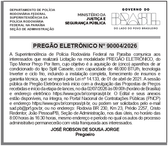 SRPRF – PB – 14° SR – JOÃO PESSOA – Pregão n° 90004/2026