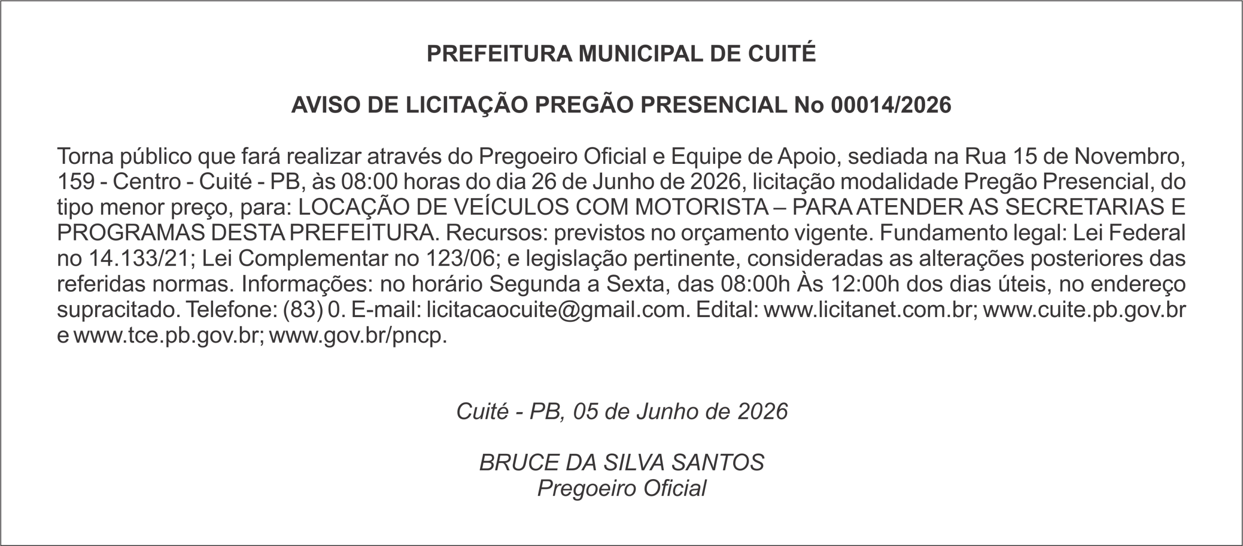 PREFEITURA MUNICIPAL DE CUITÉ  AVISO DE LICITAÇÃO PREGÃO PRESENCIAL No 00014/2026
