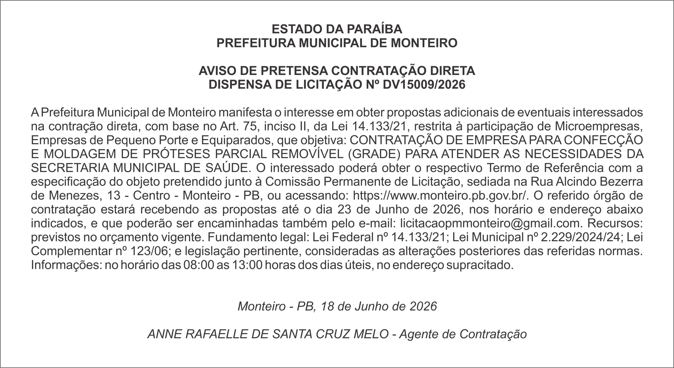 PREFEITURA MUNICIPAL DE MONTEIRO – AVISO DE PRETENSA CONTRATAÇÃO DIRETA – DISPENSA DE LICITAÇÃO Nº DV15009/2026