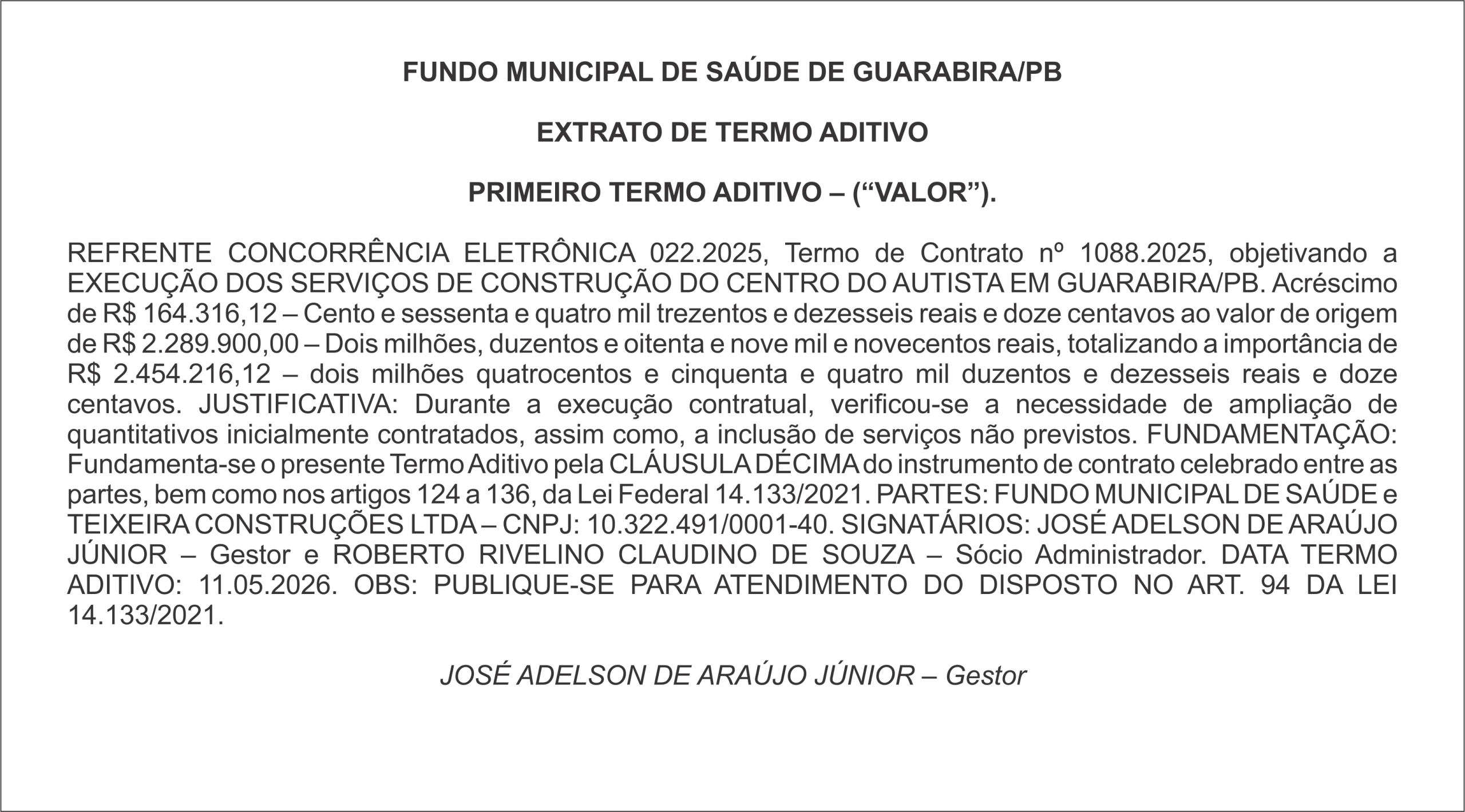 FUNDO MUNICIPAL DE SAÚDE DE GUARABIRA/PB EXTRATO DE TERMO ADITIVO