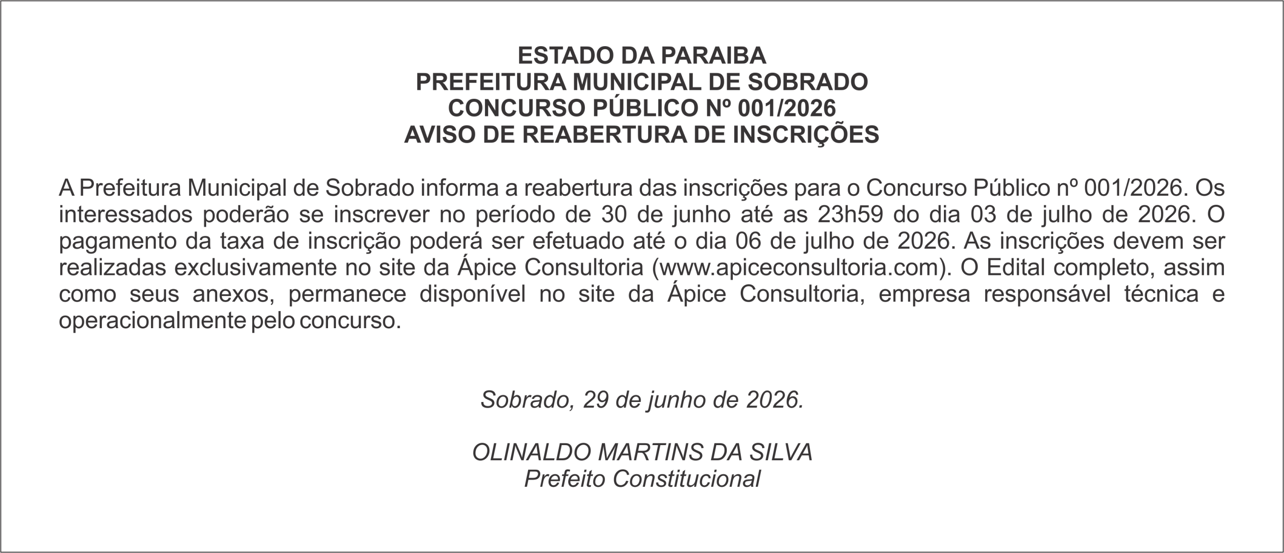 PREFEITURA MUNICIPAL DE SOBRADO – CONCURSO PÚBLICO Nº 001/2026
