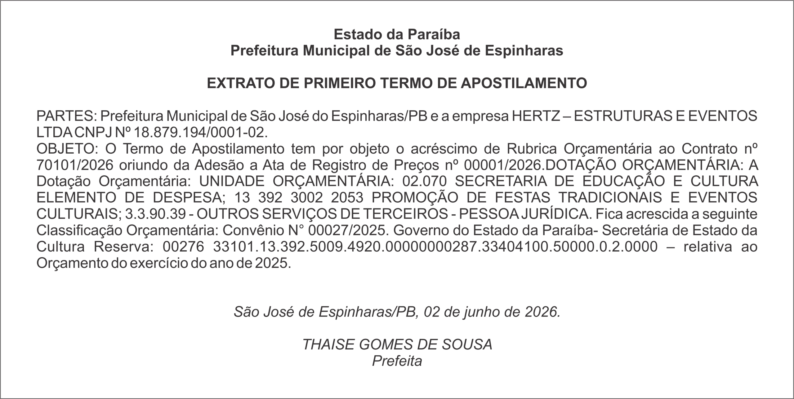 PREFEITURA DE SÃO JOSÉ DE ESPINHARAS – EXTRATO DE PRIMEIRO TERMO DE APOSTILAMENTO