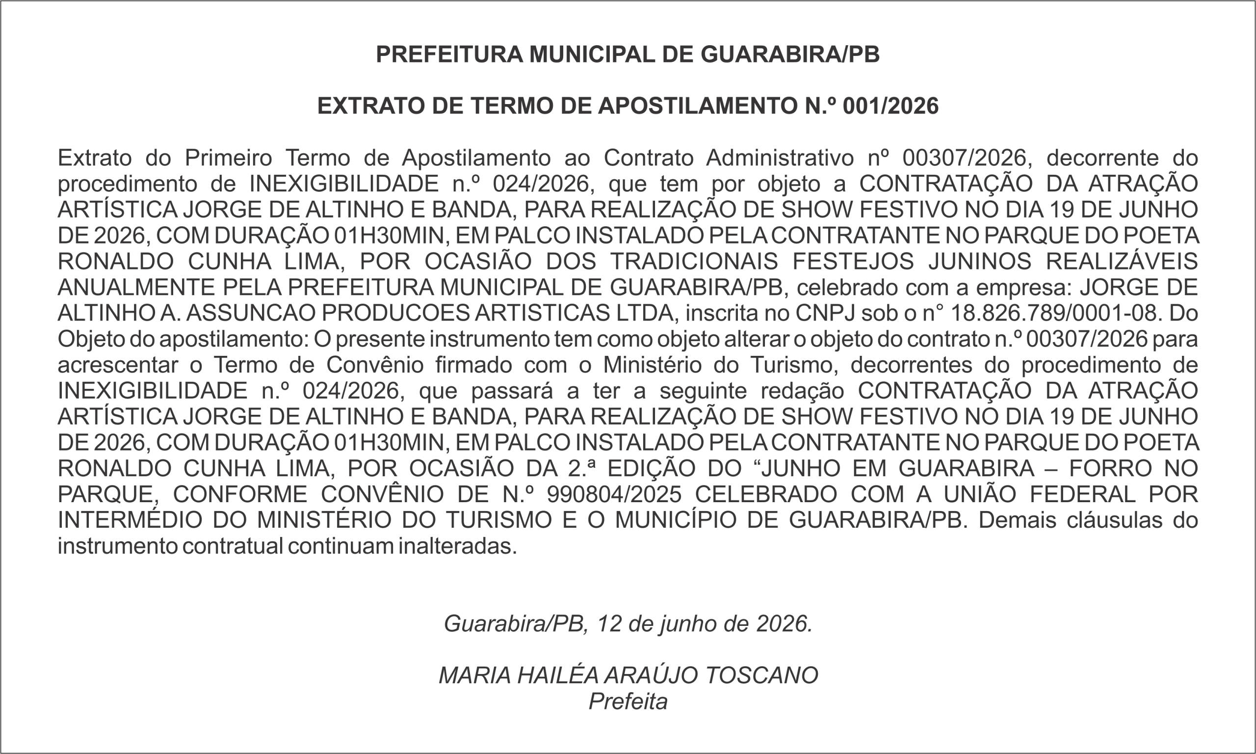 PREFEITURA MUNICIPAL DE GUARABIRA/PB EXTRATO DE TERMO DE APOSTILAMENTO N.º 001/2026