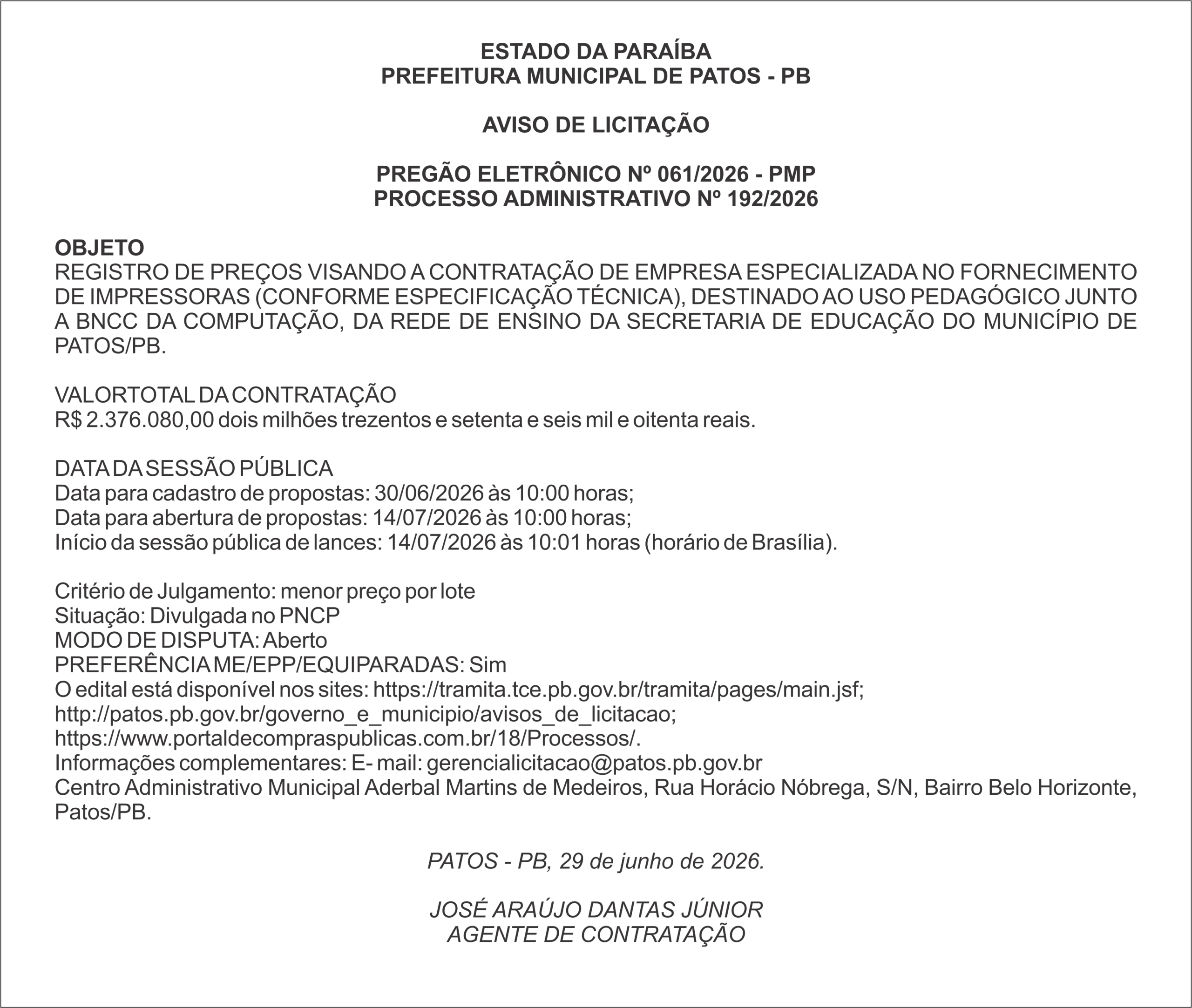 PREFEITURA MUNICIPAL DE PATOS – PB – PREGÃO ELETRÔNICO Nº 061/2026 – PMP