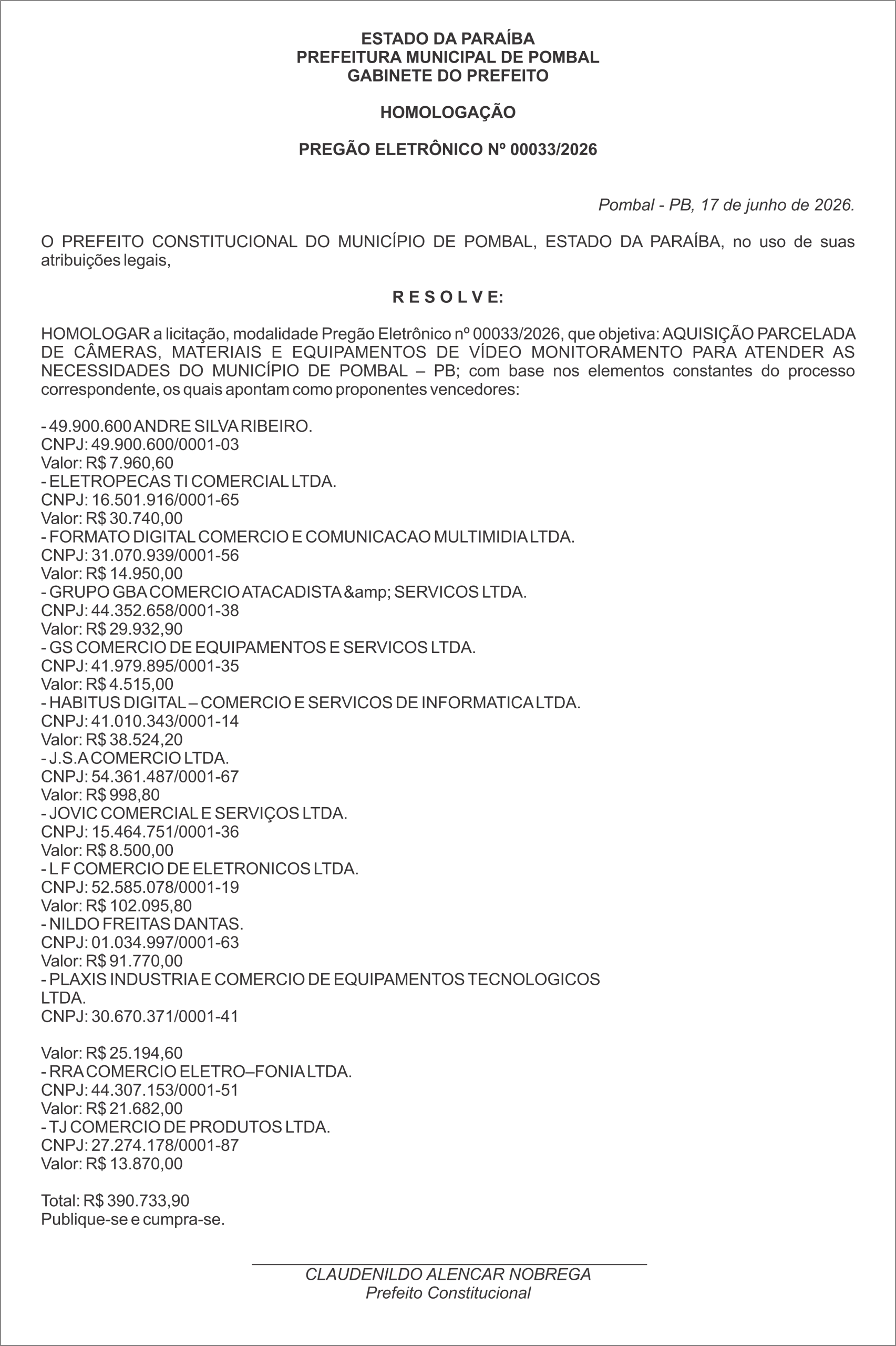 PREFEITURA MUNICIPAL DE POMBAL – TERMO DE HOMOLOGAÇÃO