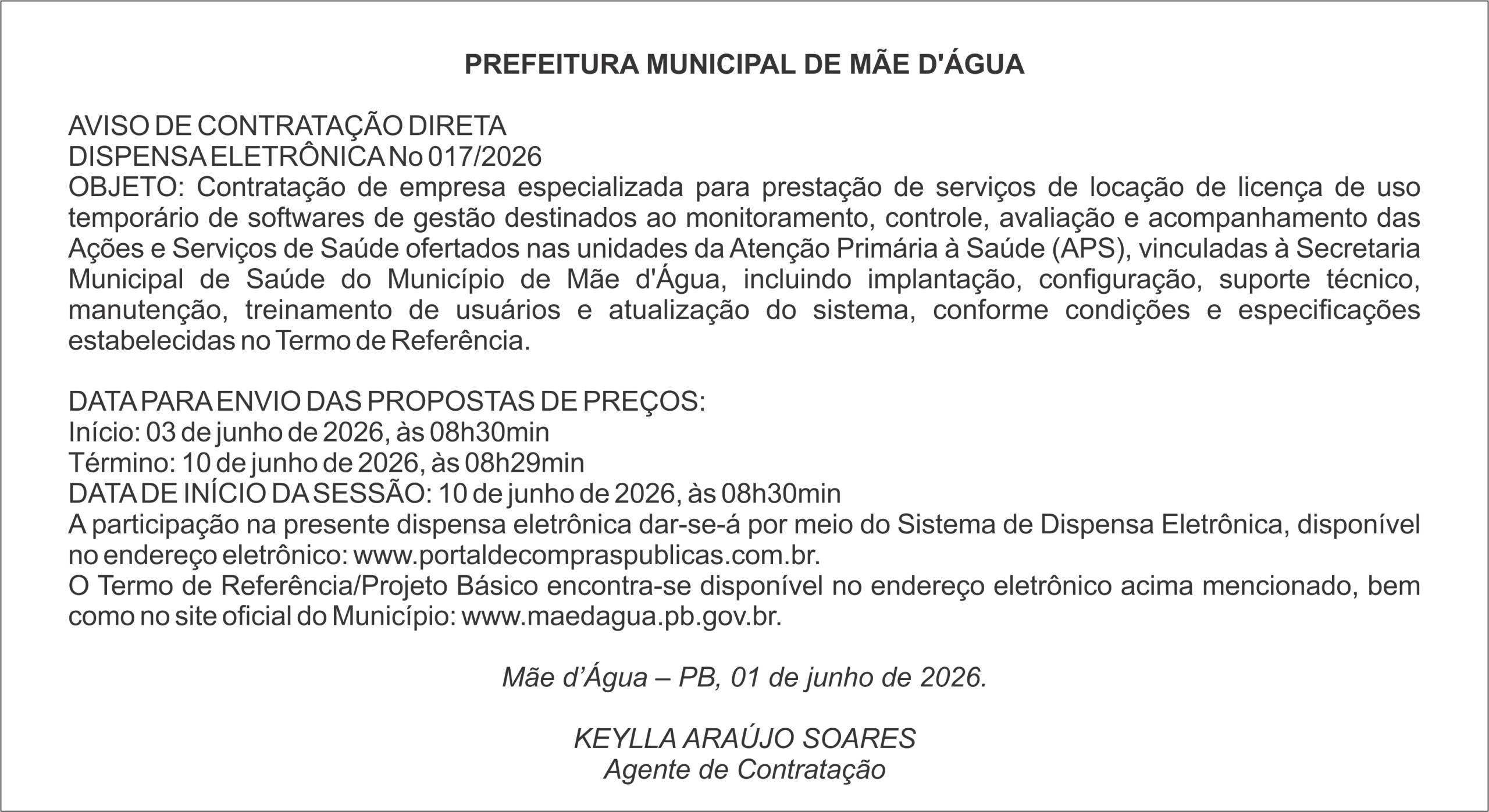 PREFEITURA DE MÃE D’ÁGUA – AVISO DE CONTRATAÇÃO DIRETA DISPENSA ELETRÔNICA No 017/2026