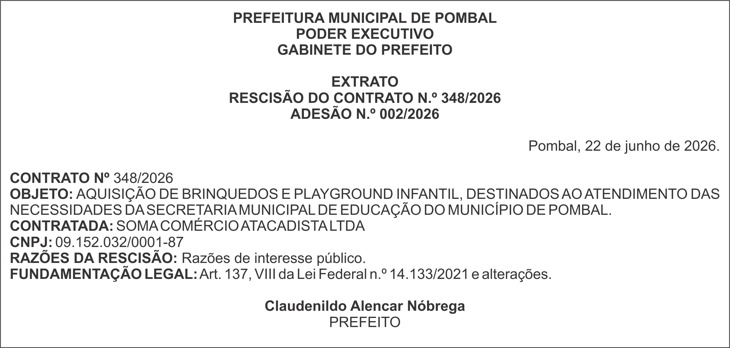 PREFEITURA MUNICIPAL DE POMBAL – EXTRATO – RESCISÃO DO CONTRATO N.º 348/2026 – ADESÃO N.º 002/2026