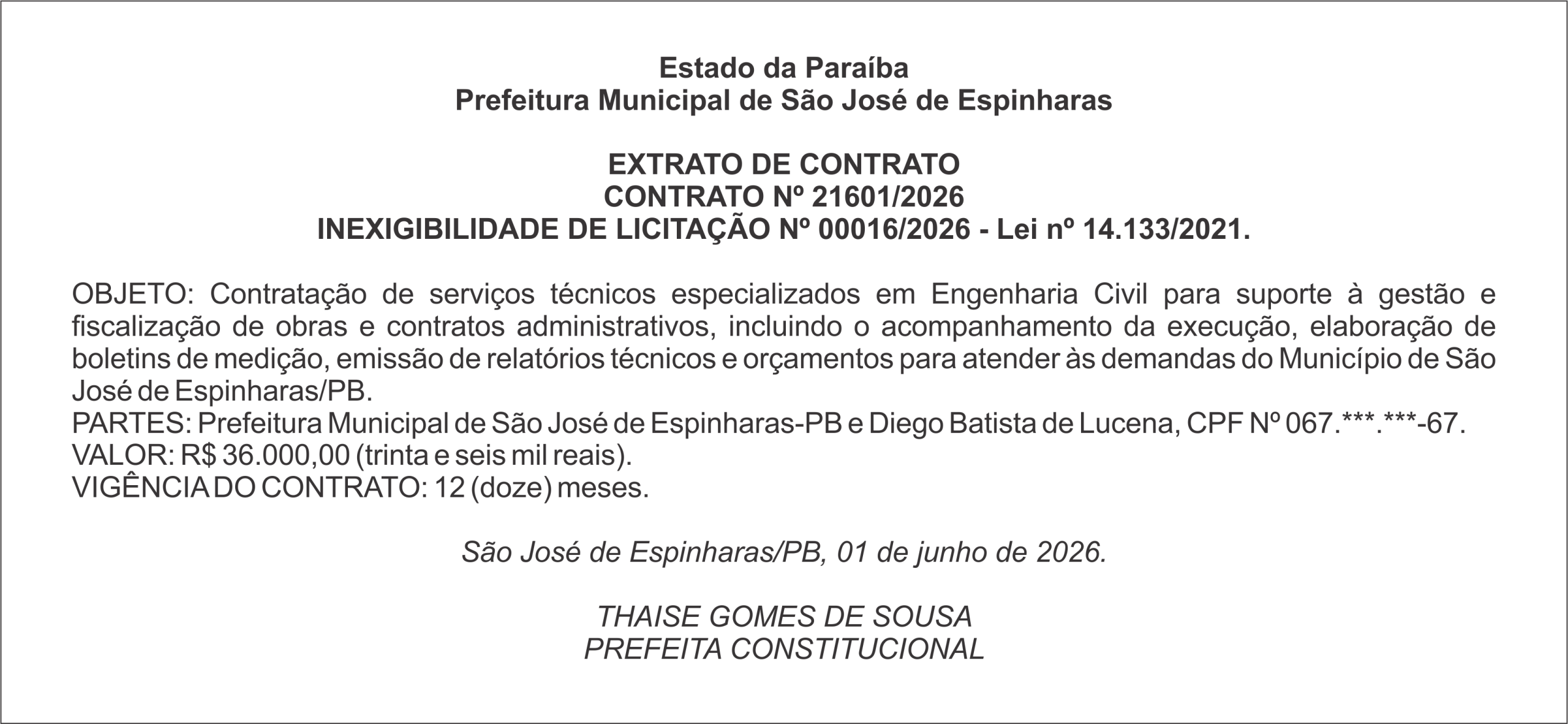 PREFEITURA DE SÃO JOSÉ DE ESPINHARAS – EXTRATO DE CONTRATO CONTRATO Nº 21601/2026