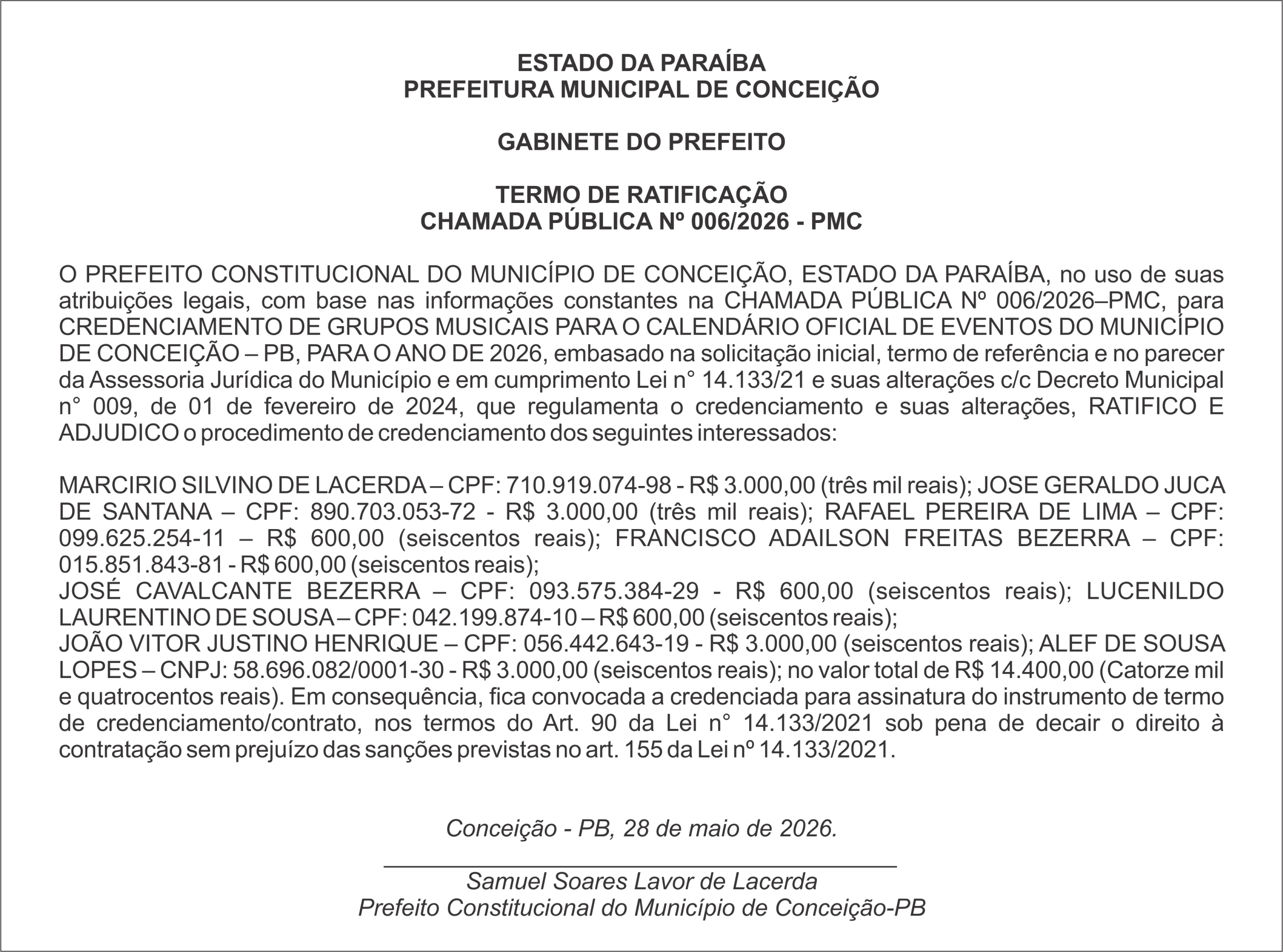 PREFEITURA MUNICIPAL DE CONCEIÇÃO – TERMO DE RATIFICAÇÃO