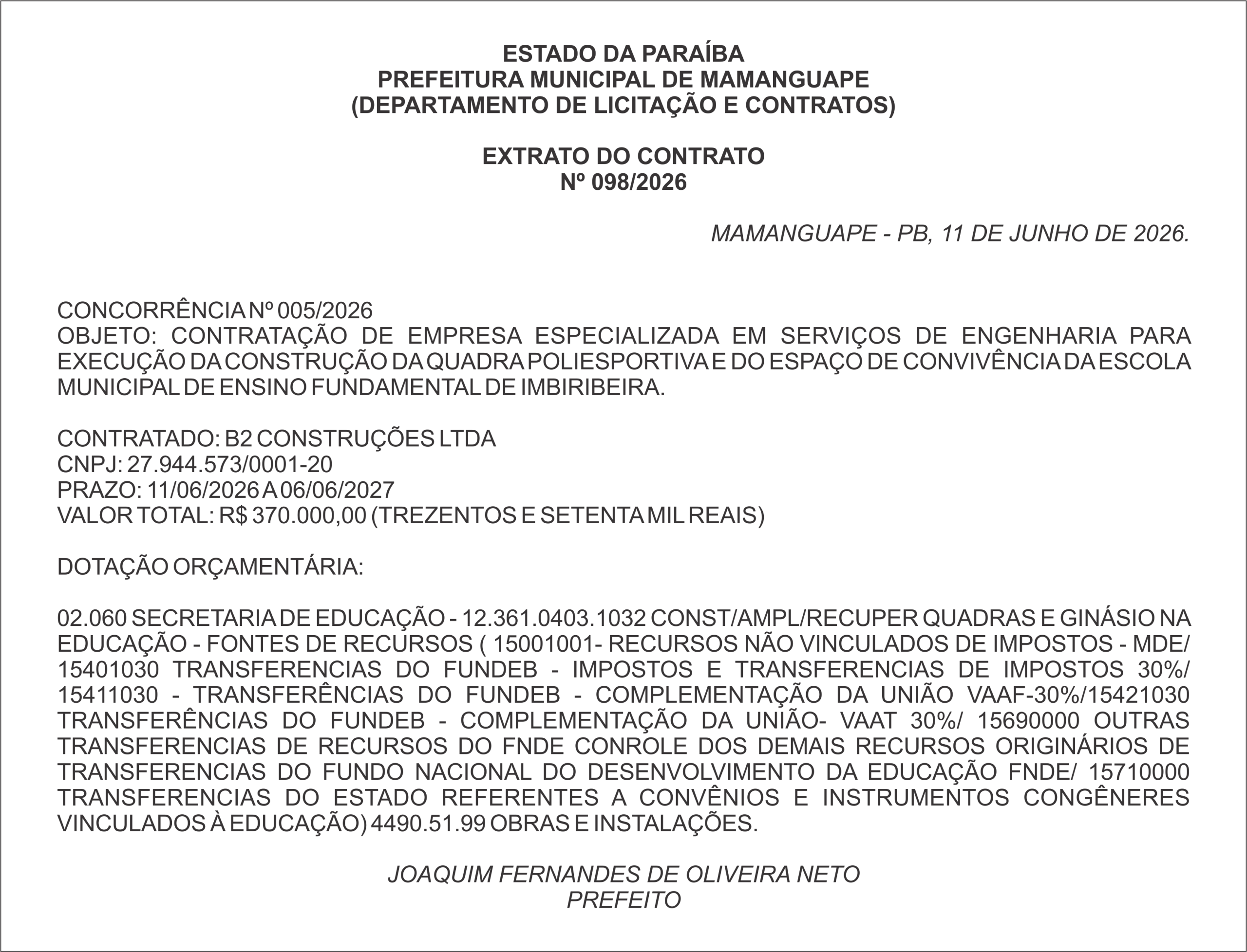 PREFEITURA MUNICIPAL DE MAMANGUAPE – EXTRATO DO CONTRATO