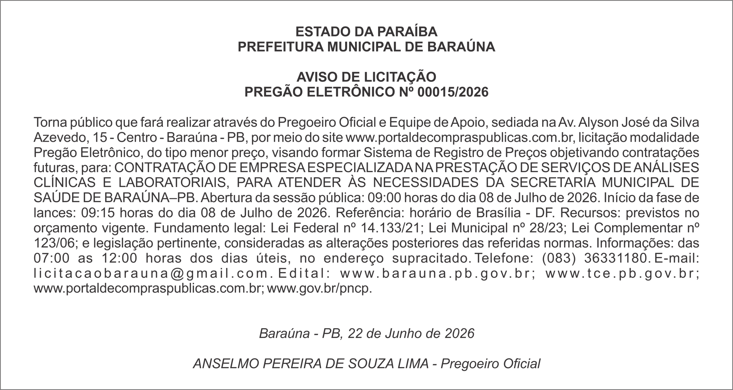 PREFEITURA MUNICIPAL DE BARAÚNA – AVISO DE LICITAÇÃO – PREGÃO ELETRÔNICO Nº 00015/2026