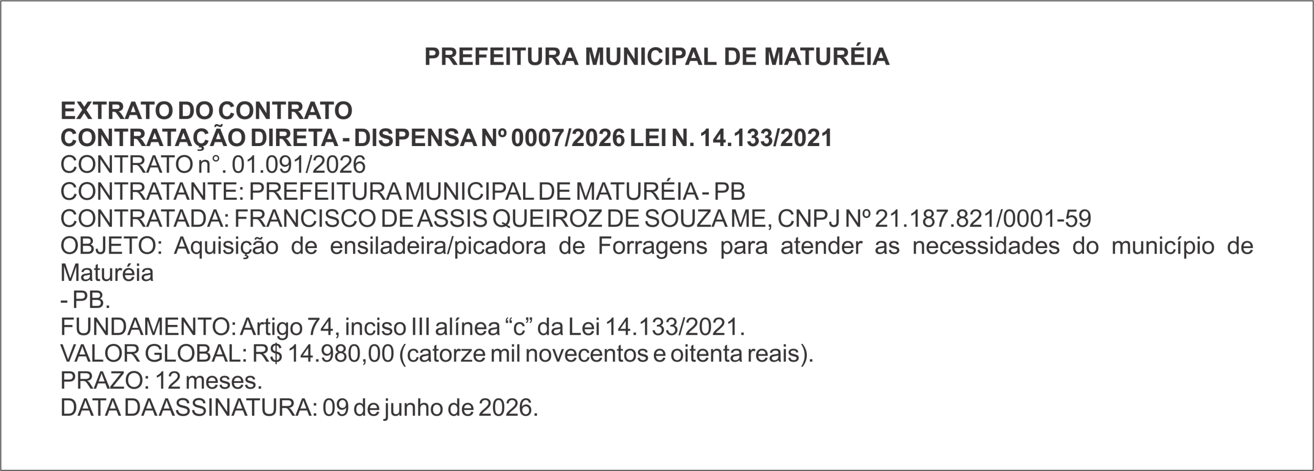 PREFEITURA DE MATURÉIA – EXTRATO DO CONTRATO