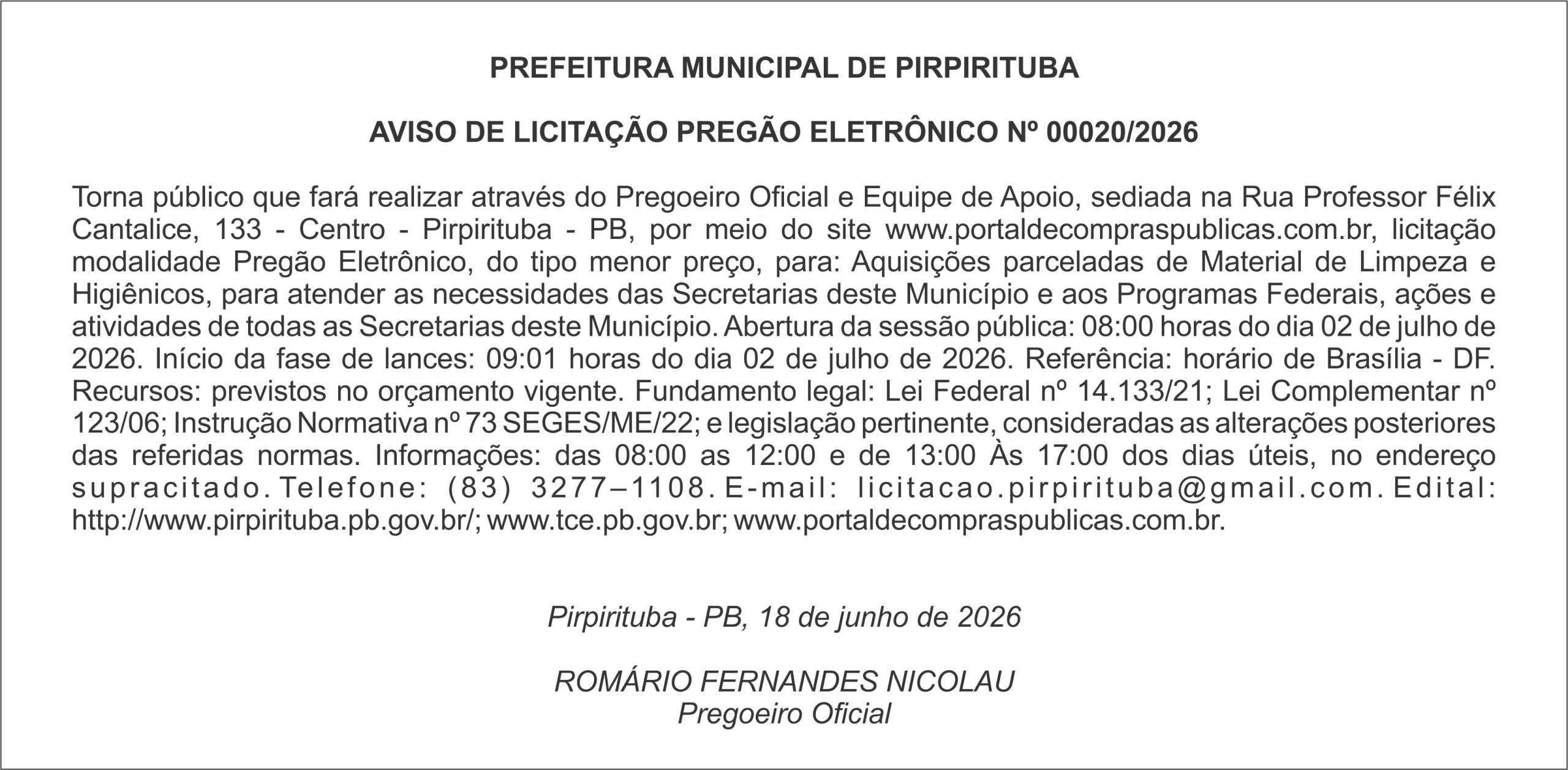 PREFEITURA MUNICIPAL DE PIRPIRITUBA – AVISO DE LICITAÇÃO PREGÃO ELETRÔNICO Nº 00020/2026