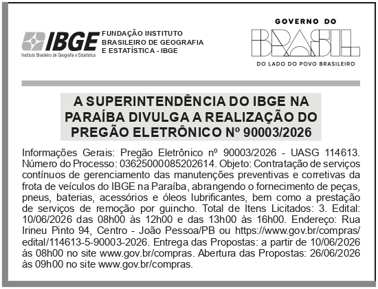 IBGE – PB – JOÃO PESSOA – Pregão Eletrônico n° 90003/2026