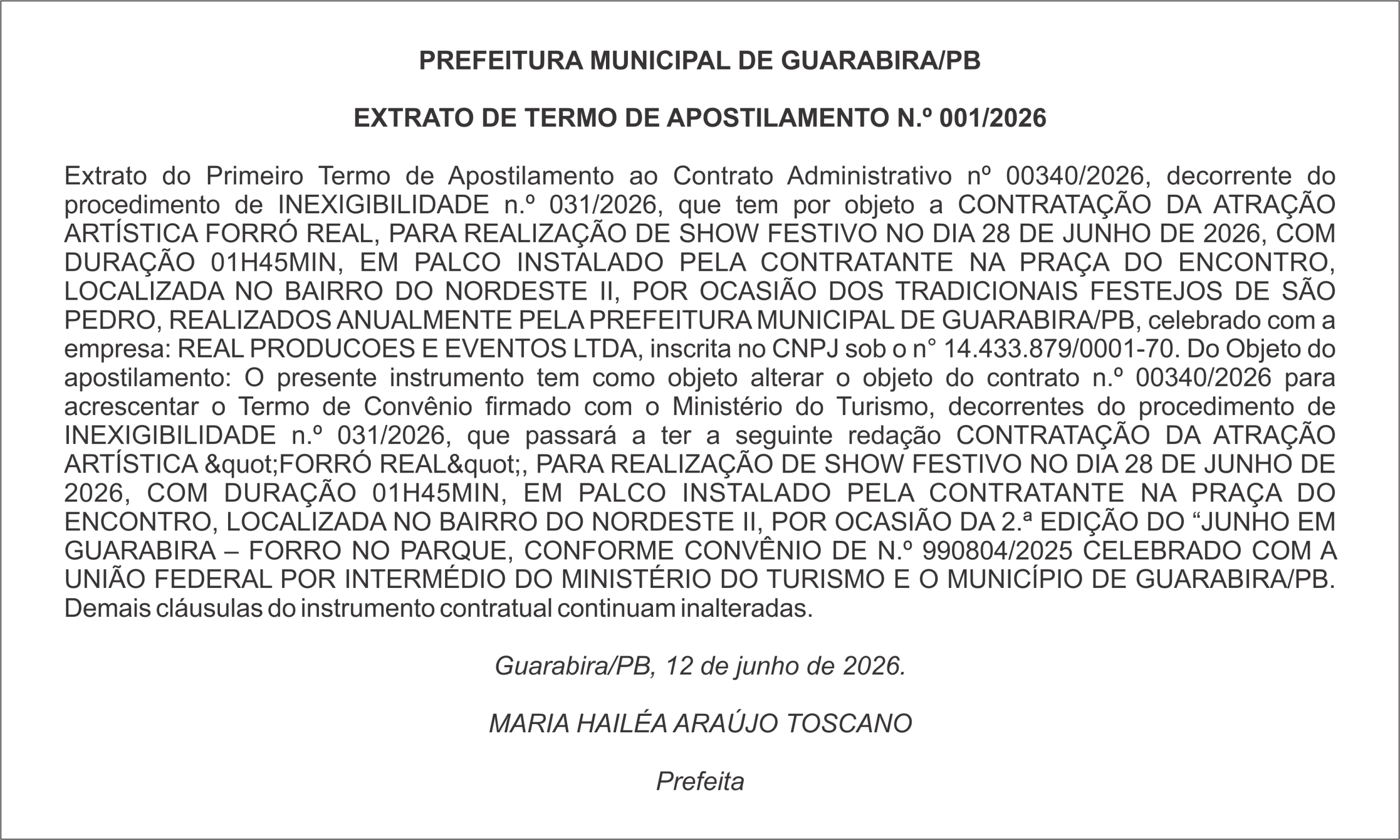 PREFEITURA MUNICIPAL DE GUARABIRA/PB EXTRATO DE TERMO DE APOSTILAMENTO N.º 001/2026