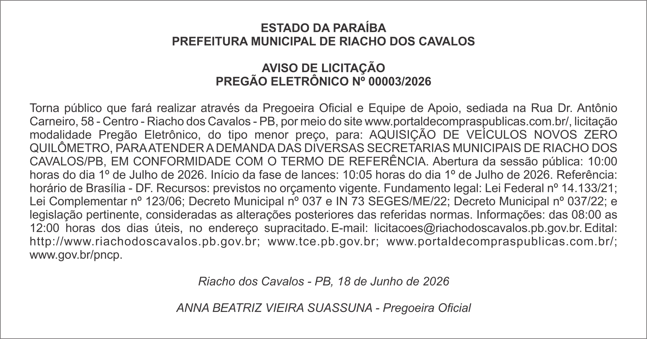 PREFEITURA MUNICIPAL DE RIACHO DOS CAVALOS – AVISO DE LICITAÇÃO PREGÃO ELETRÔNICO Nº 00003/2026