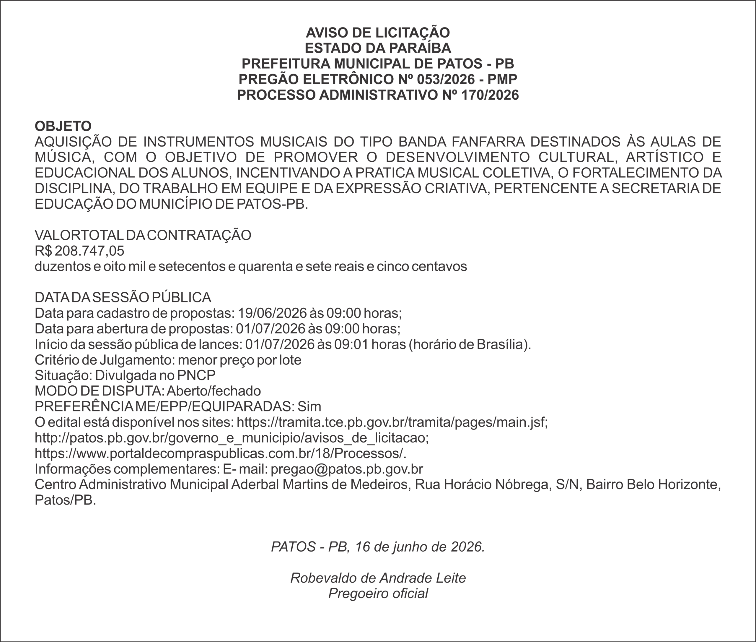 PREFEITURA MUNICIPAL DE PATOS – PB PREGÃO ELETRÔNICO Nº 053/2026 – PMP