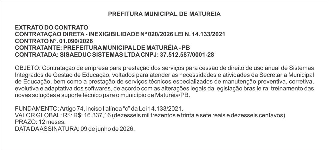 PREFEITURA MUNICIPAL DE MATUREIA – EXTRATO DE CONTRATO
