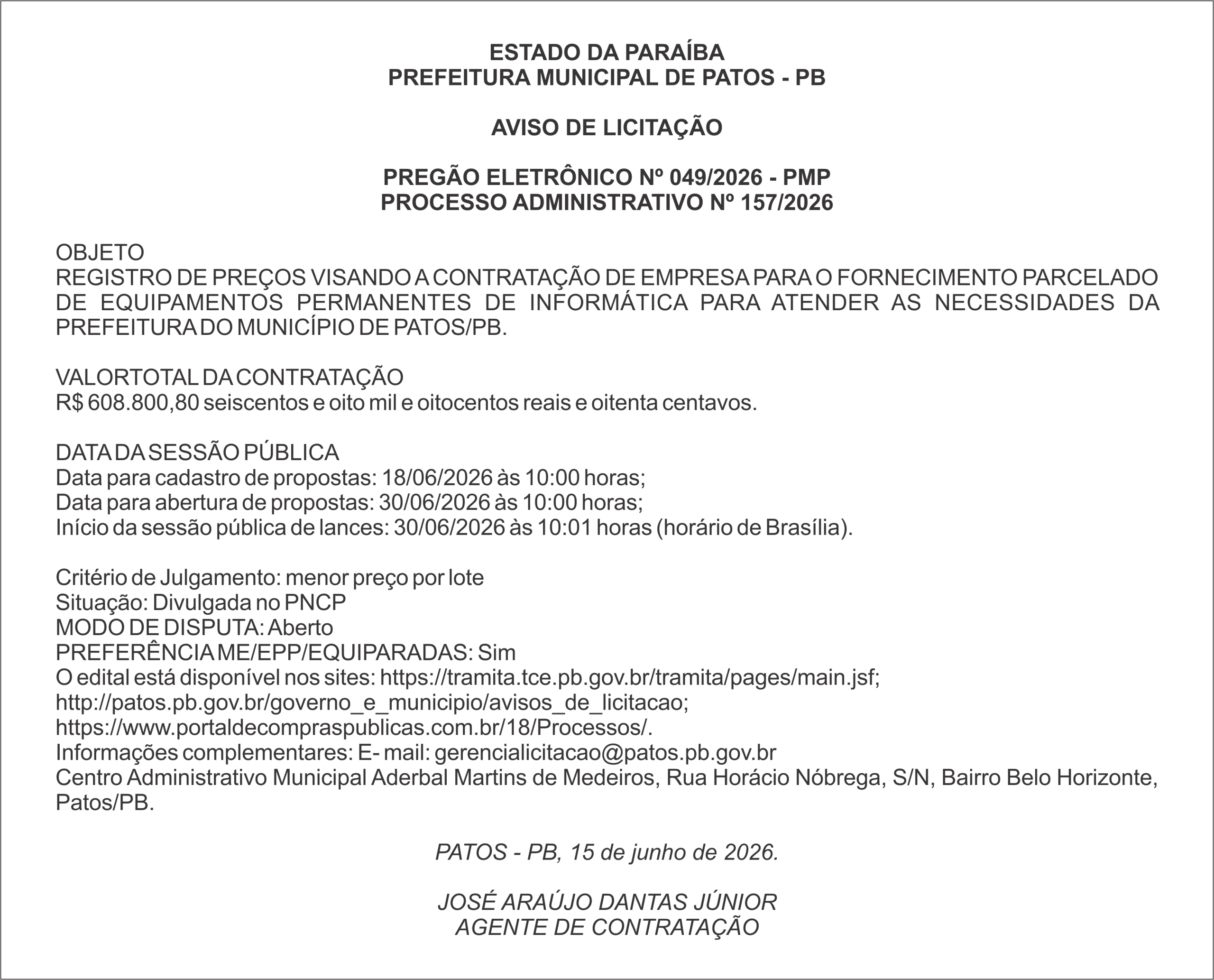 PREFEITURA MUNICIPAL DE PATOS – PB PREGÃO ELETRÔNICO Nº 049/2026 – PMP