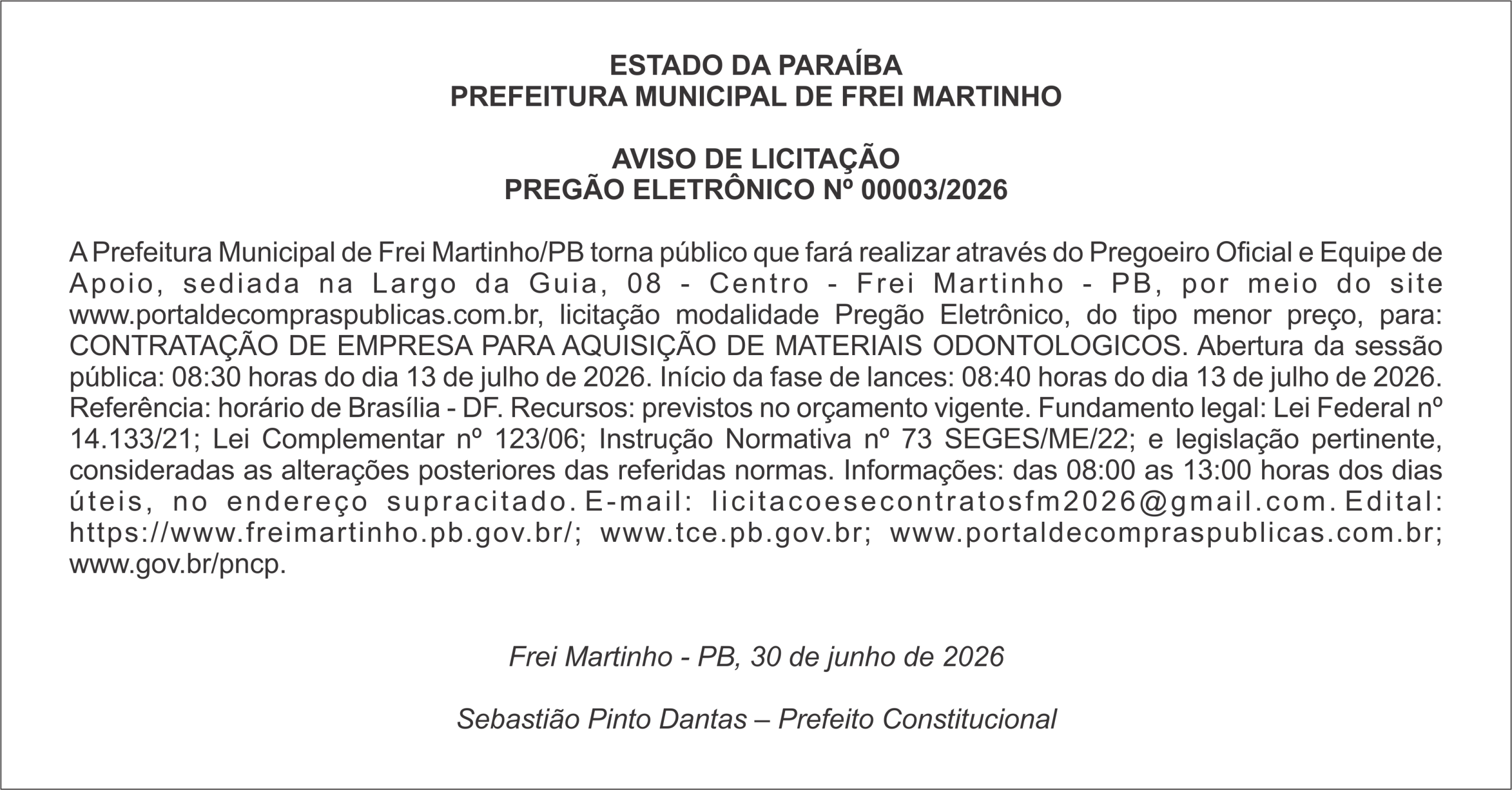 PREFEITURA MUNICIPAL DE FREI MARTINHO – AVISO DE LICITAÇÃO PREGÃO ELETRÔNICO Nº 00003/2026