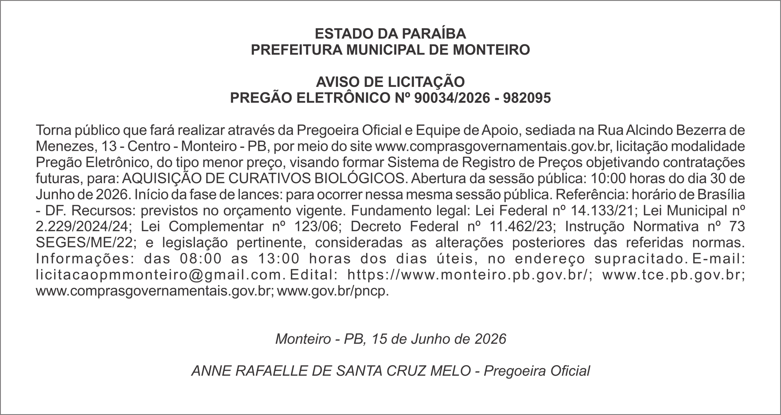 PREFEITURA MUNICIPAL DE MONTEIRO – AVISO DE LICITAÇÃO – PREGÃO ELETRÔNICO Nº 90034/2026 – 982095