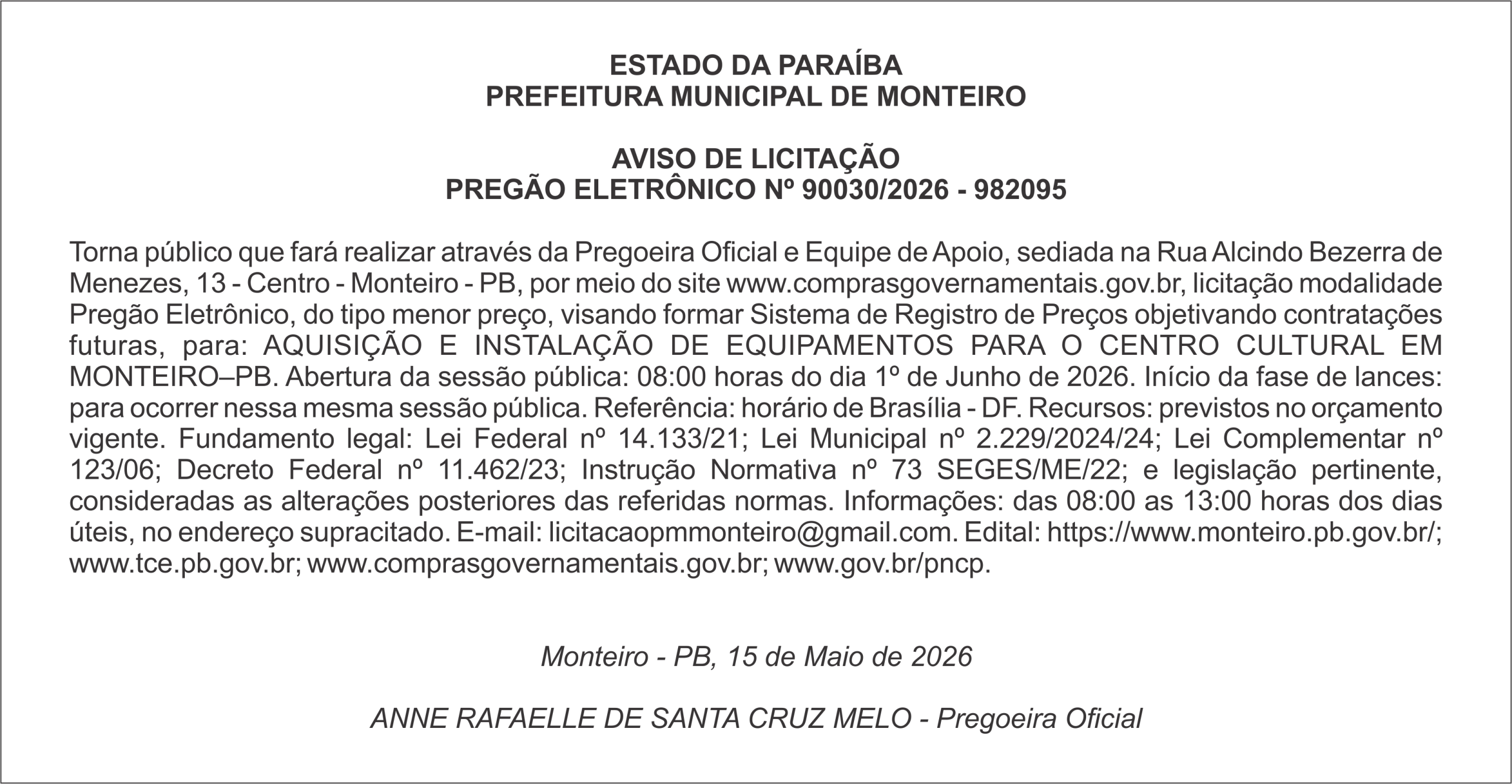 PREFEITURA MUNICIPAL DE MONTEIRO – AVISO DE LICITAÇÃO PREGÃO ELETRÔNICO Nº 90030/2026 – 982095