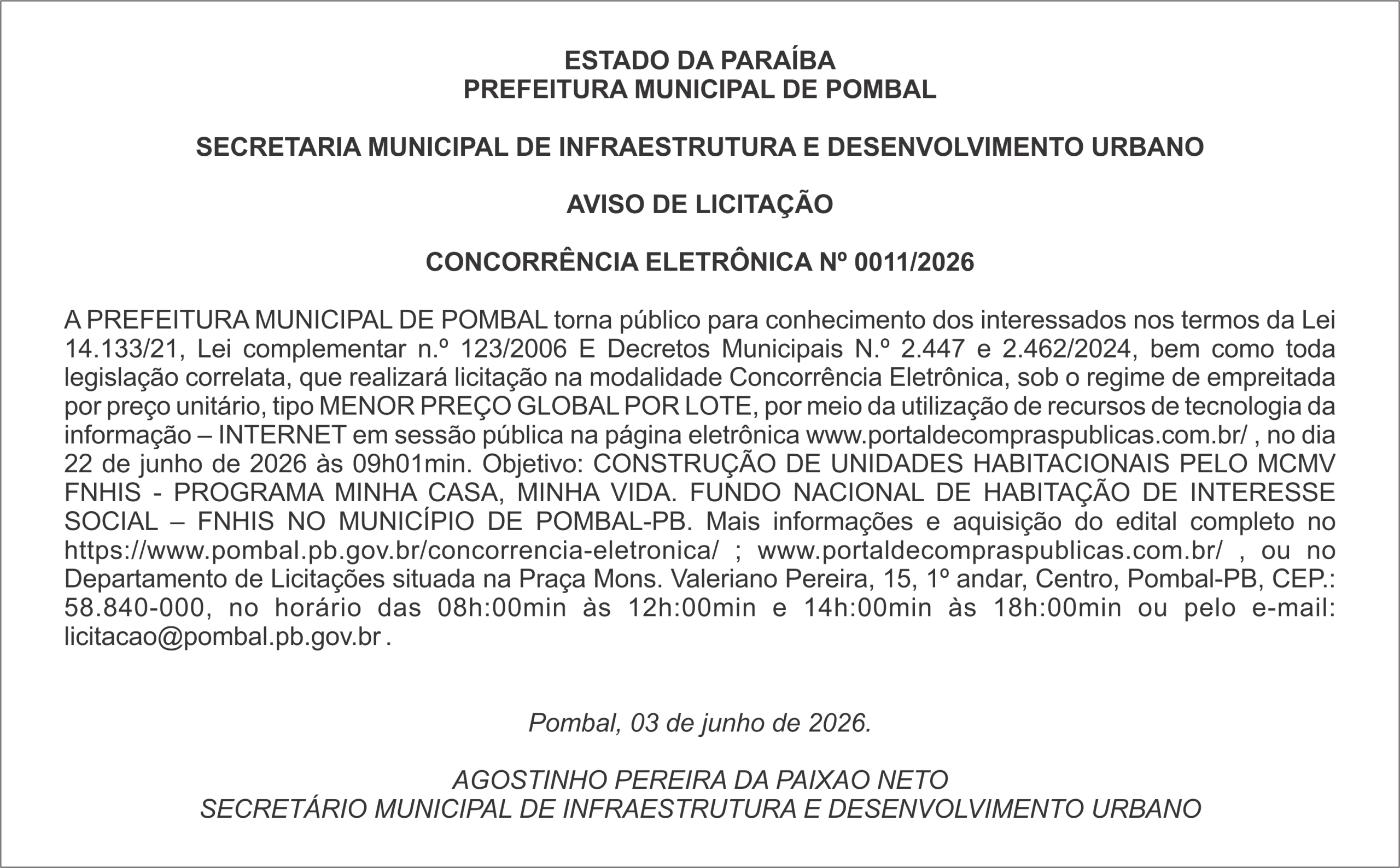 PREFEITURA MUNICIPAL DE POMBAL – AVISO DE LICITAÇÃO  CONCORRÊNCIA ELETRÔNICA Nº 0011/2026