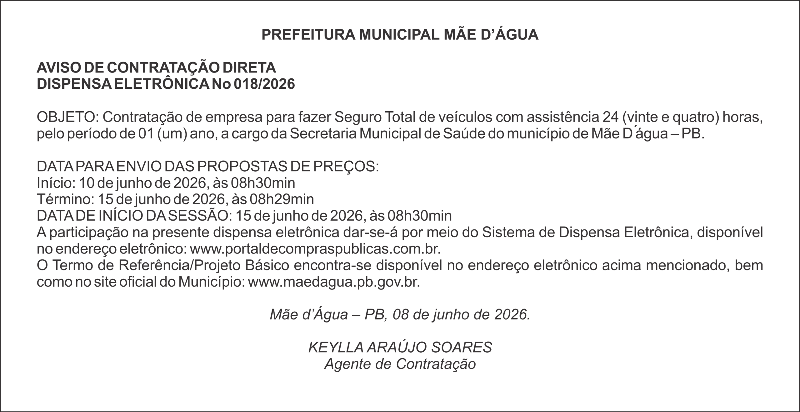 PREFEITURA DE MÃE D’ÁGUA – AVISO DE CONTRATAÇÃO DIRETA