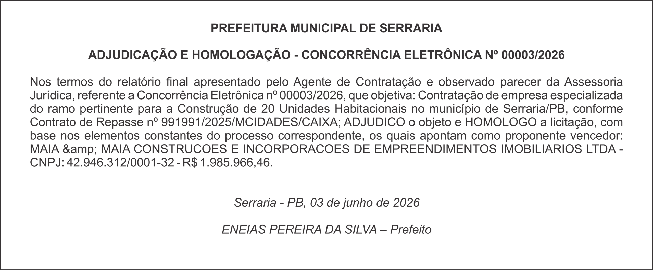PREFEITURA MUNICIPAL DE SERRARIA – ADJUDICAÇÃO E HOMOLOGAÇÃO – CONCORRÊNCIA ELETRÔNICA Nº 00003/2026