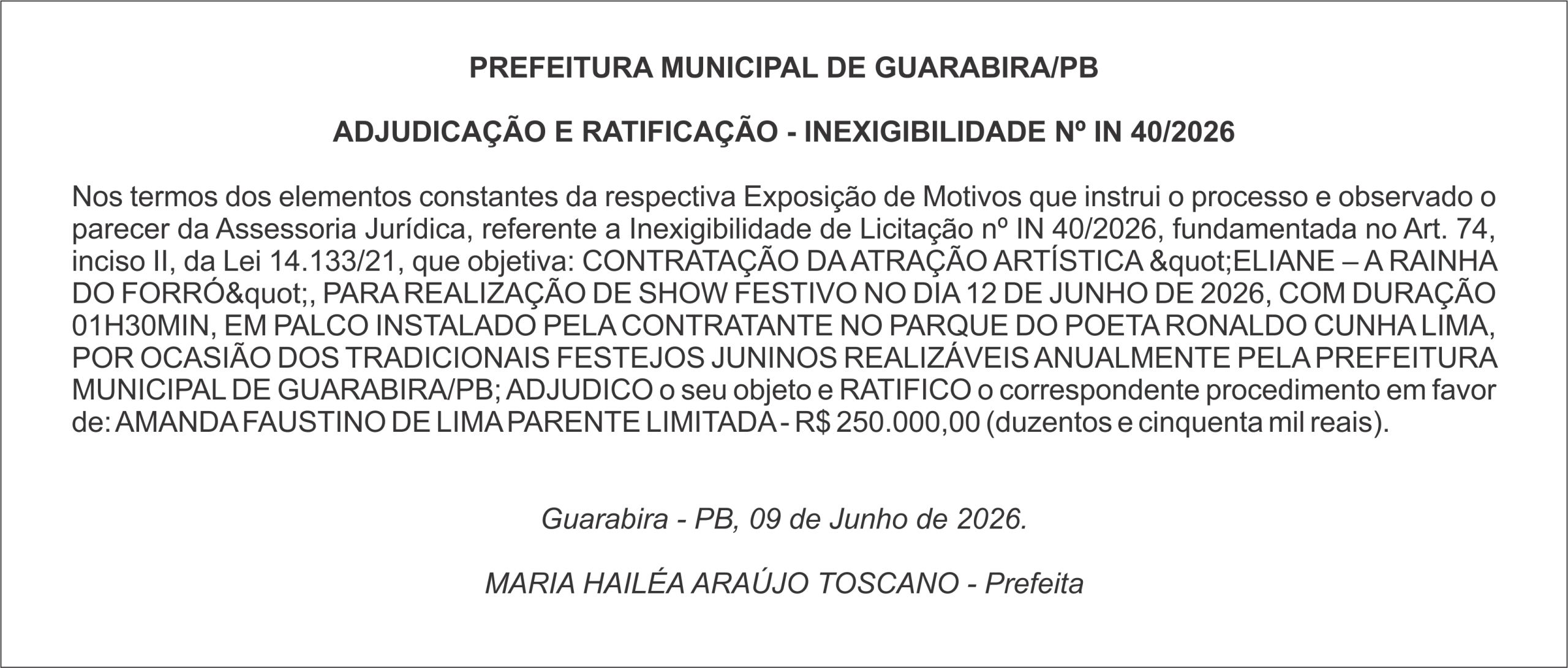 PREFEITURA MUNICIPAL DE GUARABIRA/PB ADJUDICAÇÃO E RATIFICAÇÃO – INEXIGIBILIDADE Nº IN 40/2026