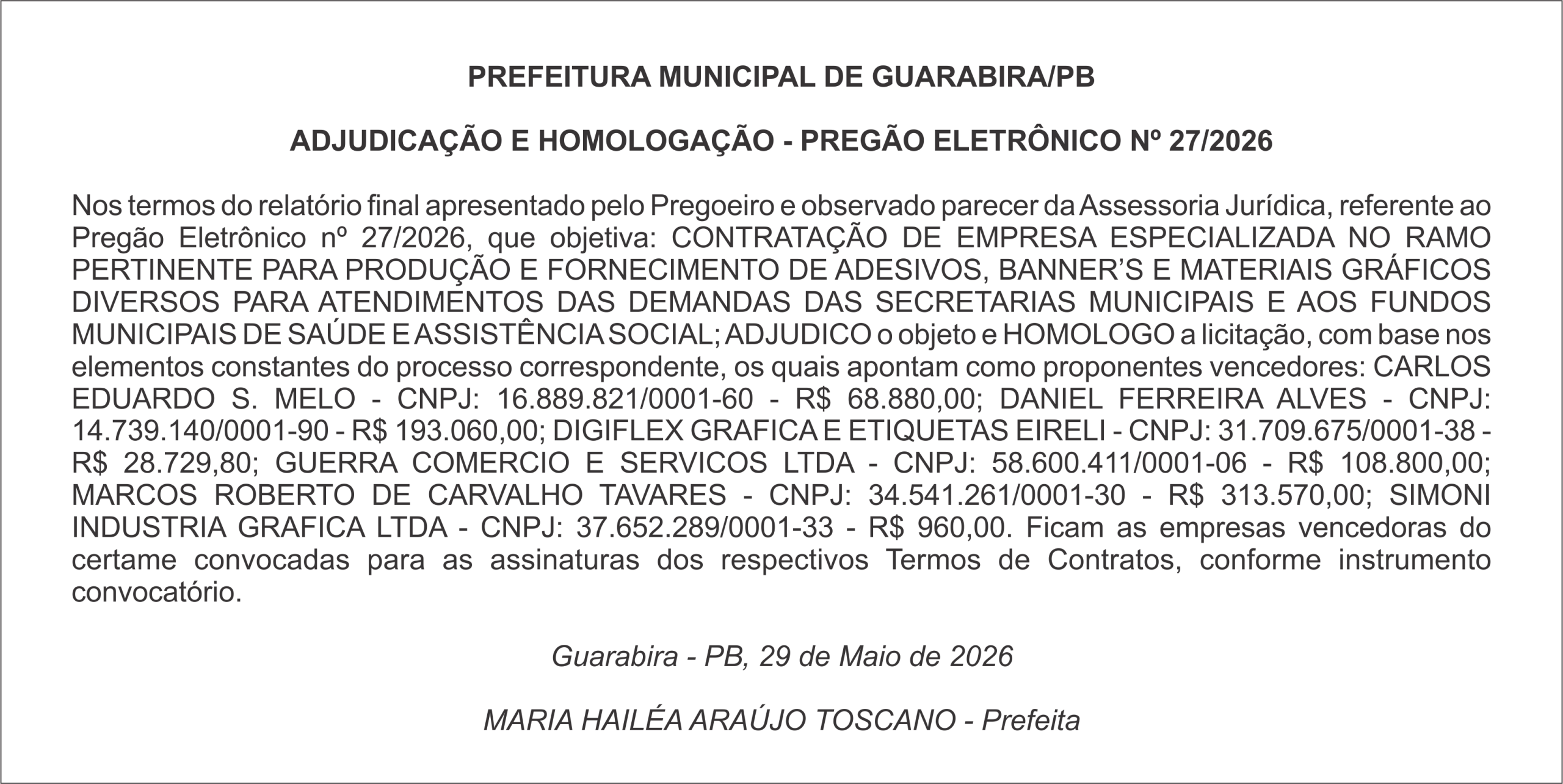 PREFEITURA MUNICIPAL DE GUARABIRA/PB  ADJUDICAÇÃO E HOMOLOGAÇÃO – PREGÃO ELETRÔNICO Nº 27/2026