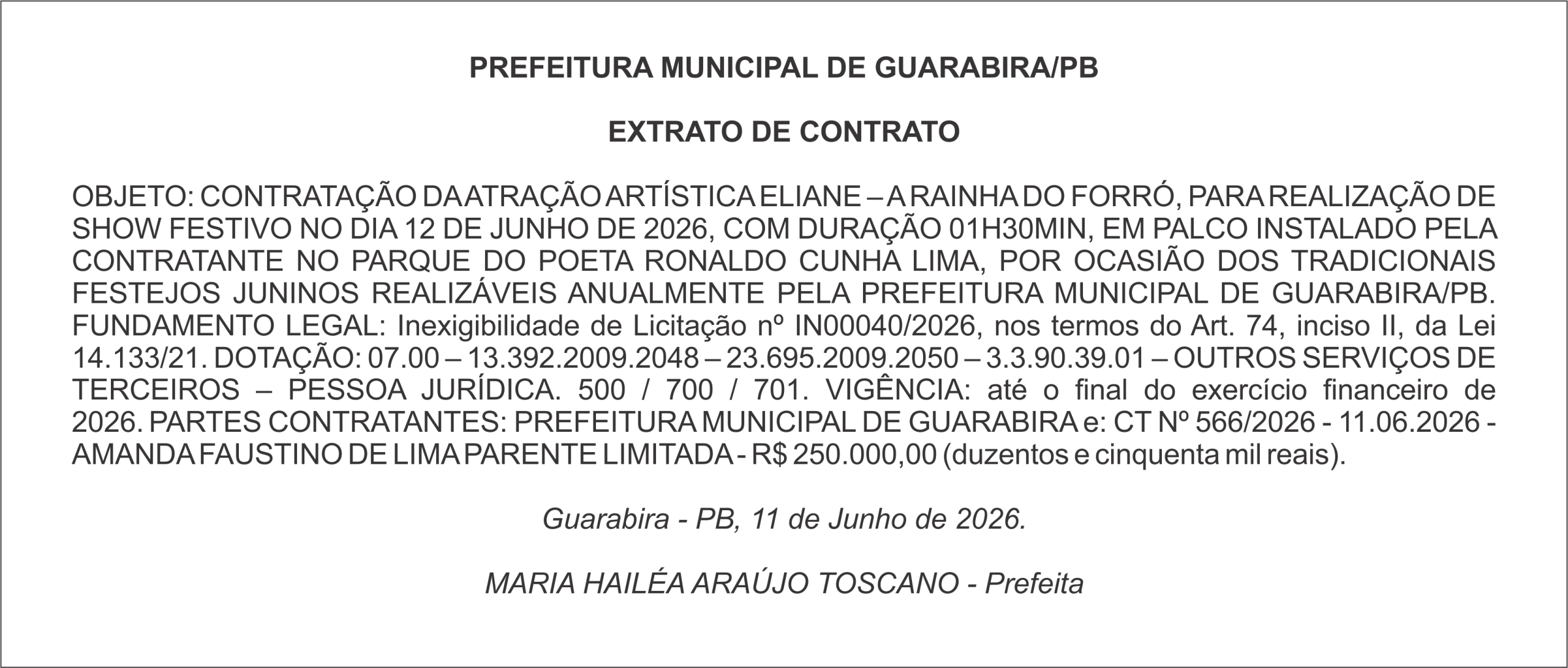 PREFEITURA MUNICIPAL DE GUARABIRA/PB EXTRATO DE CONTRATO