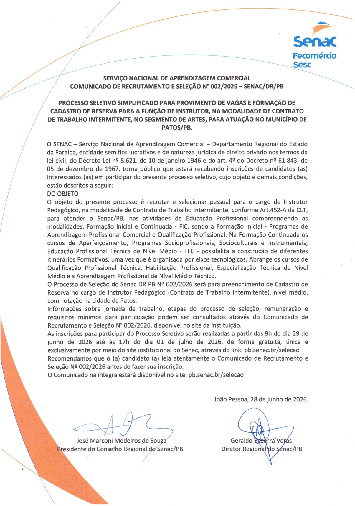 SENAC – COMUNICADO DE RECRUTAMENTO E SELEÇÃO N° 002/2026 – SENAC/DR/PB