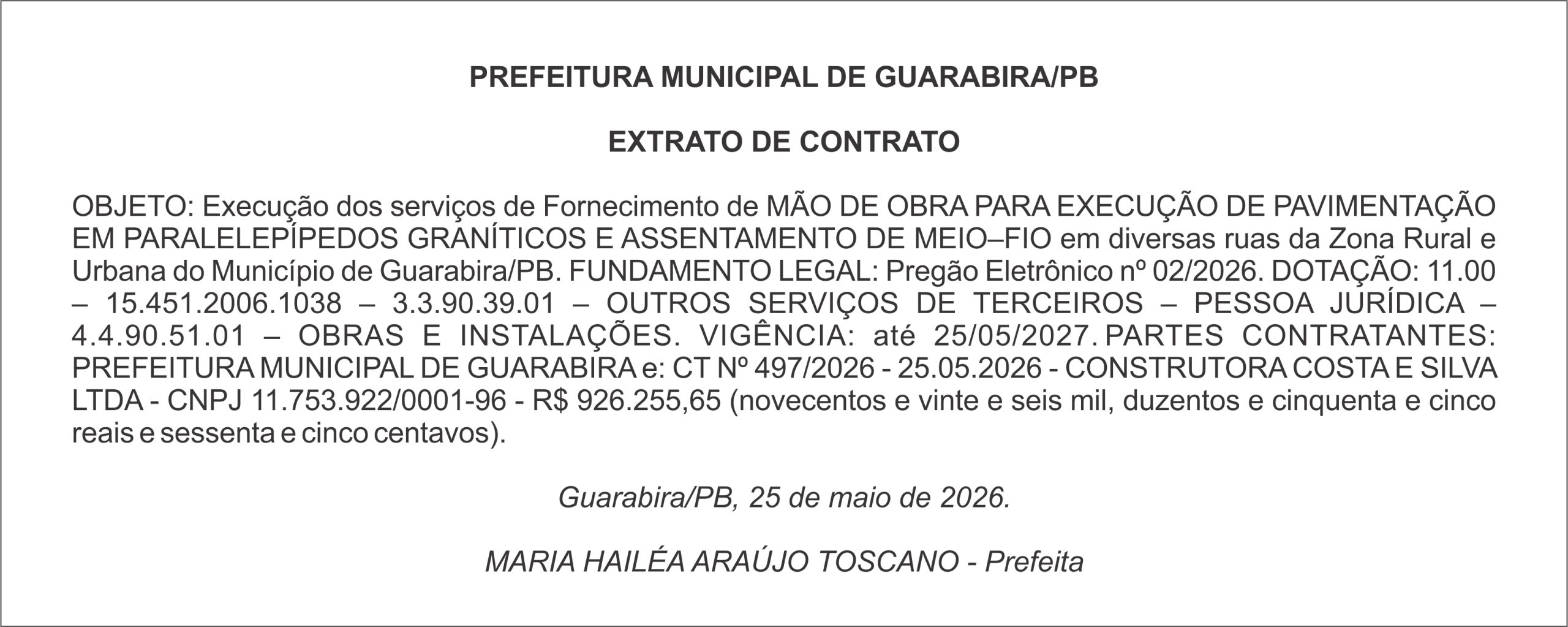PREFEITURA MUNICIPAL DE GUARABIRA/PB  EXTRATO DE CONTRATO