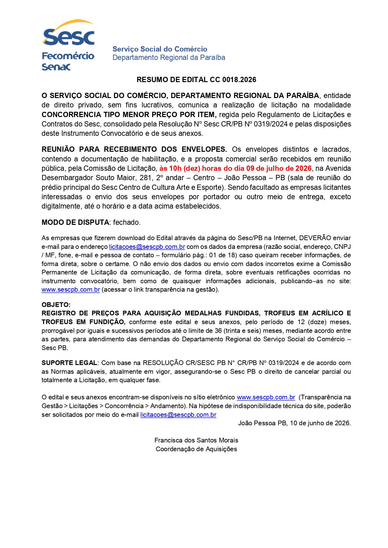 SESC – RESUMO DE EDITAL CC 0018.2026