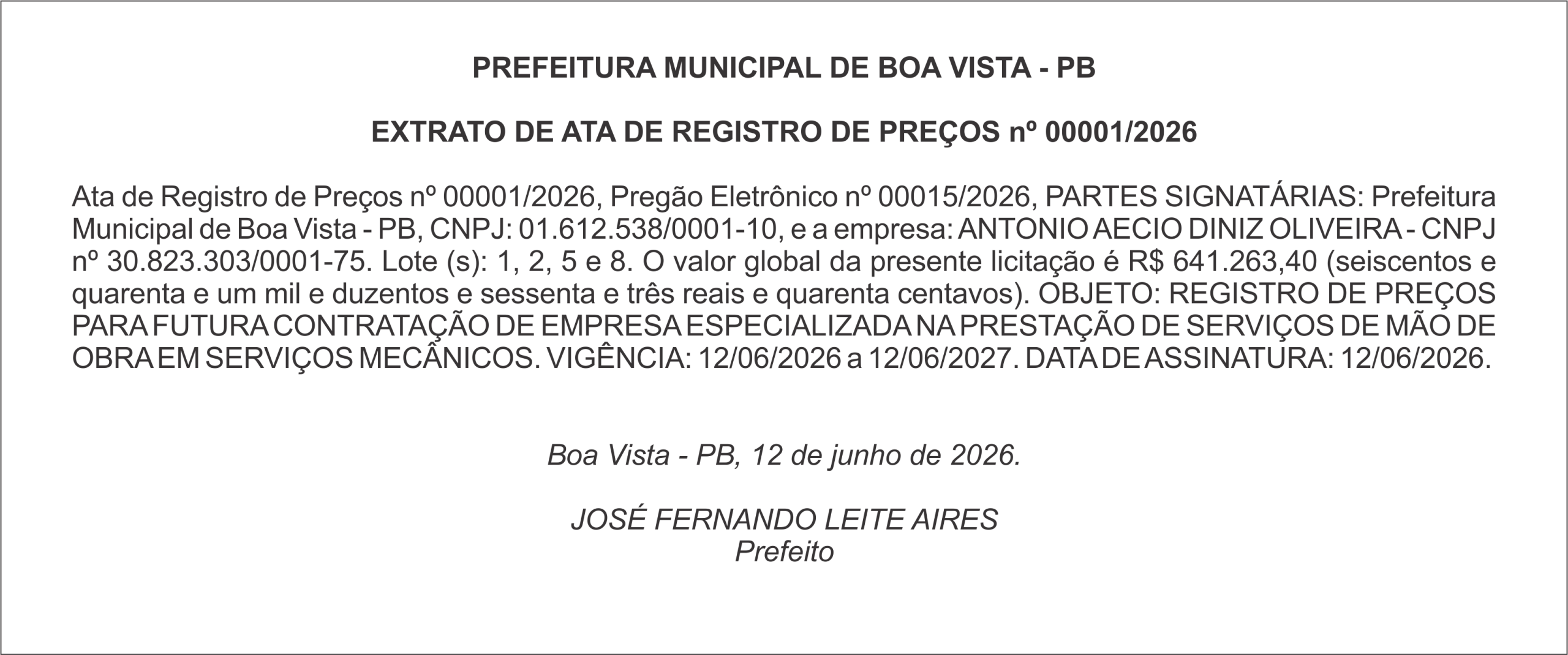 PREFEITURA MUNICIPAL DE BOA VISTA – PB EXTRATO DE ATA DE REGISTRO DE PREÇOS nº 00001/2026