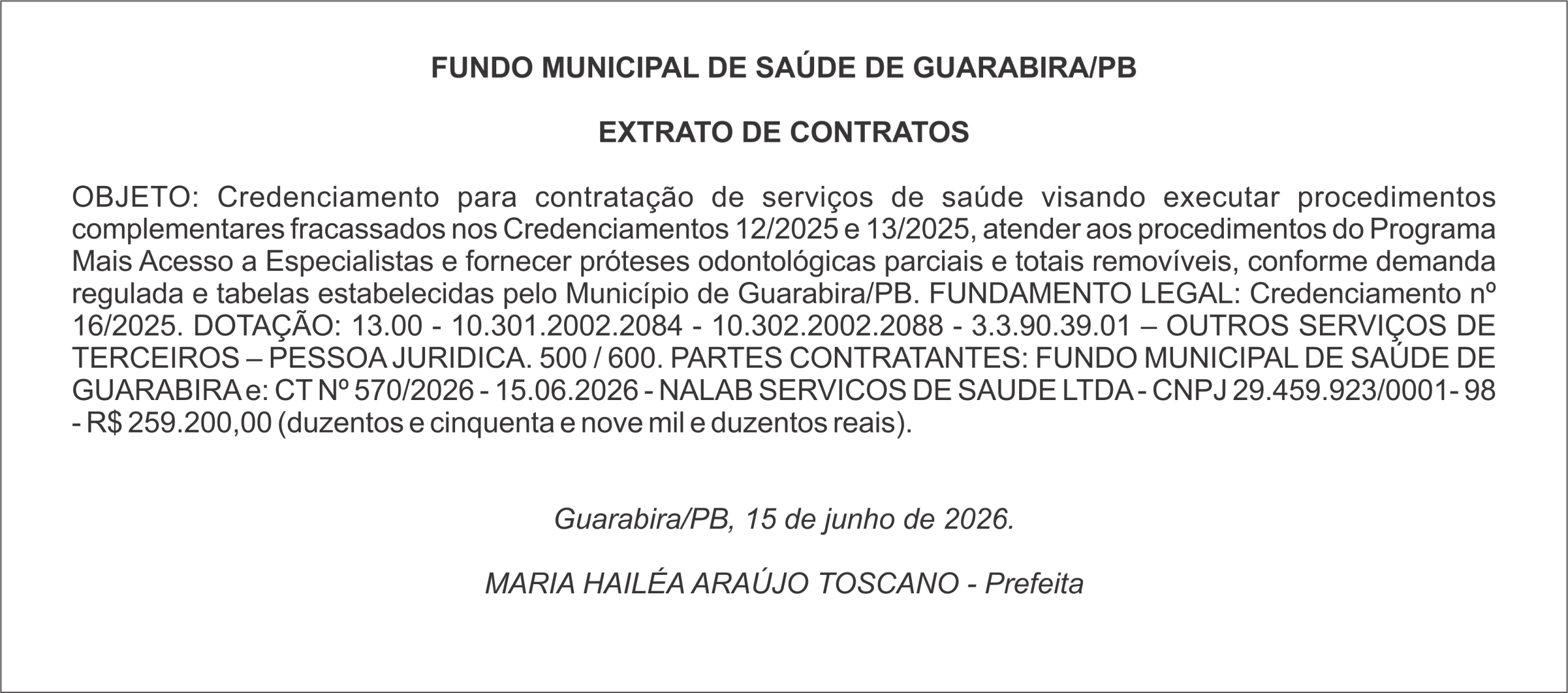 FUNDO MUNICIPAL DE SAÚDE DE GUARABIRA/PB  EXTRATO DE CONTRATOS