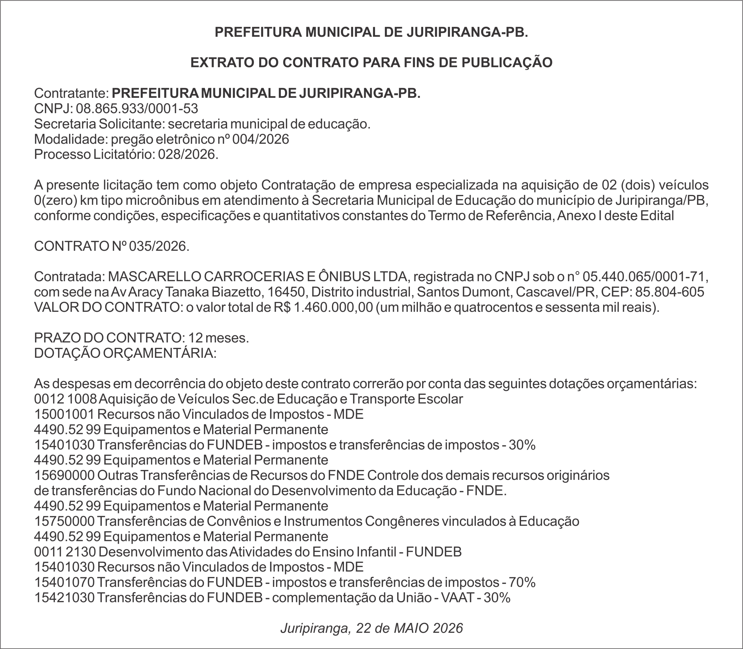 PREFEITURA MUNICIPAL DE JURIPIRANGA-PB – EXTRATO DO CONTRATO PARA FINS DE PUBLICAÇÃO