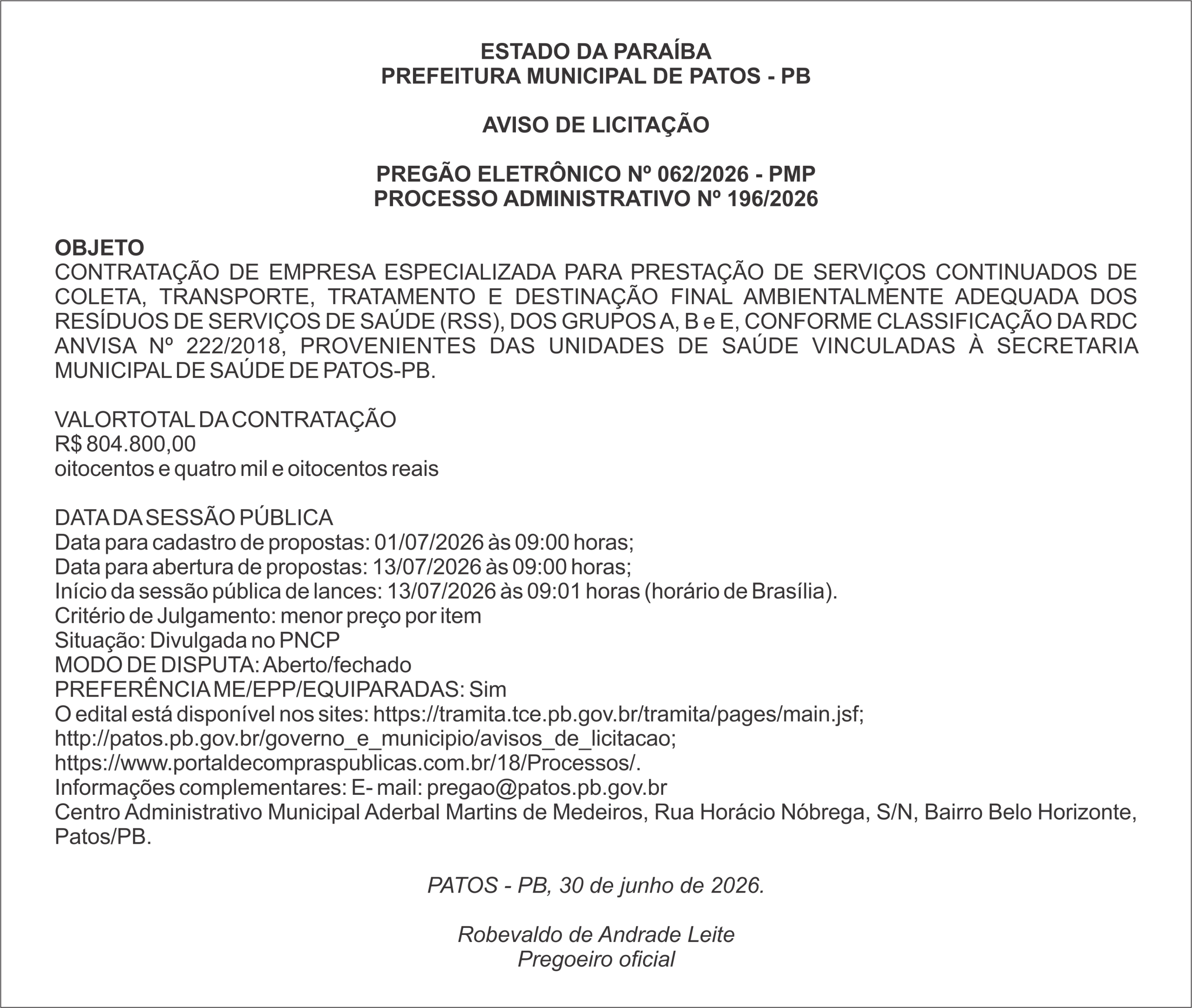 PREFEITURA MUNICIPAL DE PATOS – PB – PREGÃO ELETRÔNICO Nº 062/2026 – PMP
