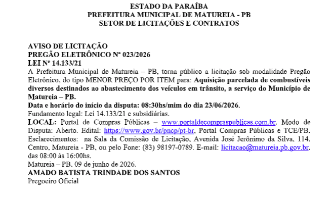 PREFEITURA MUNICIPAL DE MATUREIA – PB – AVISO DE LICITAÇÃO PREGÃO ELETRÔNICO Nº 023/2026