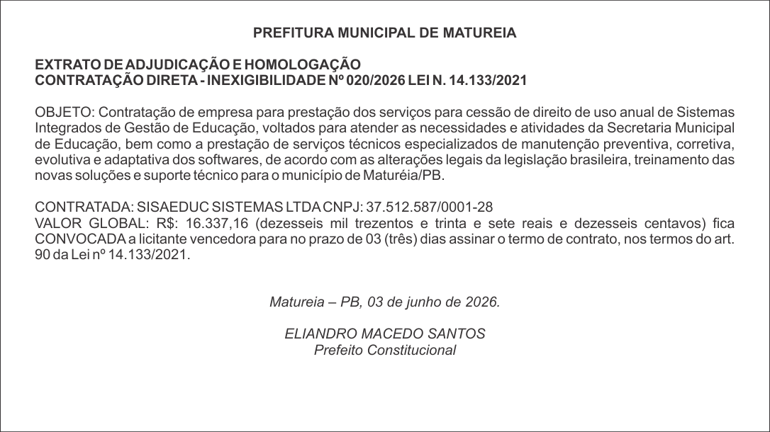 PREFEITURA MUNICIPAL DE MATUREIA – EXTRATO DE ADJUDICAÇÃO E HOMOLOGAÇÃO