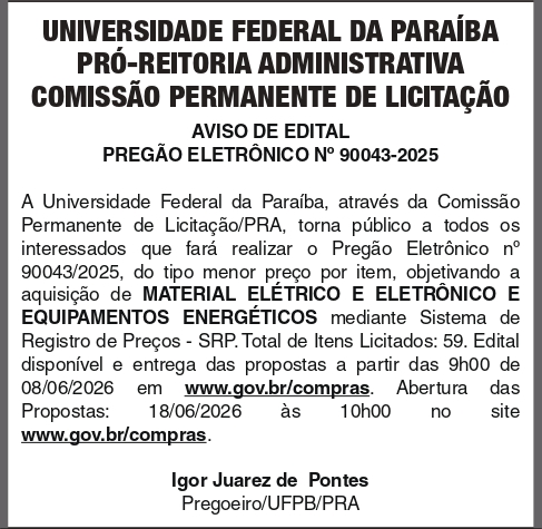 UNIVERSIDADE FEDERAL DA PARAIBA – PREGÃO ELETRÔNICO No 90043-2025
