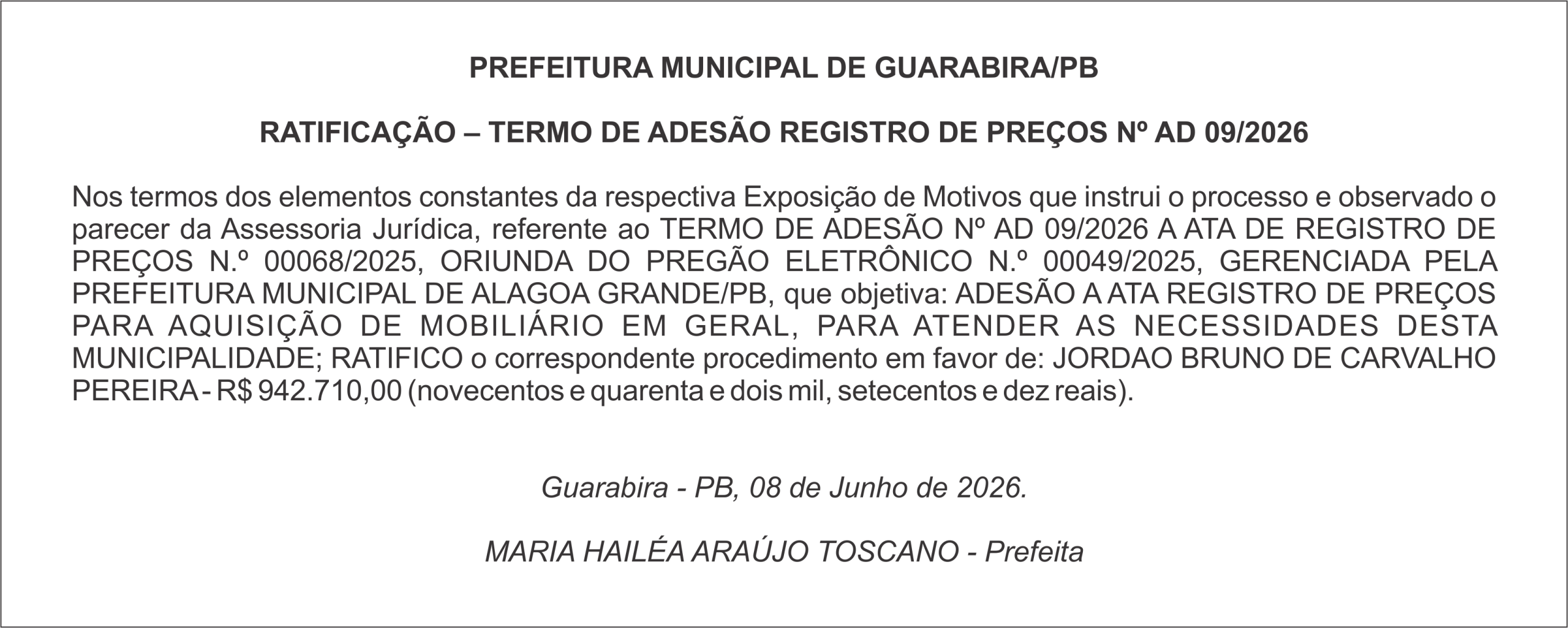 PREFEITURA MUNICIPAL DE GUARABIRA/PB – RATIFICAÇÃO – TERMO DE ADESÃO REGISTRO DE PREÇOS Nº AD 09/2026