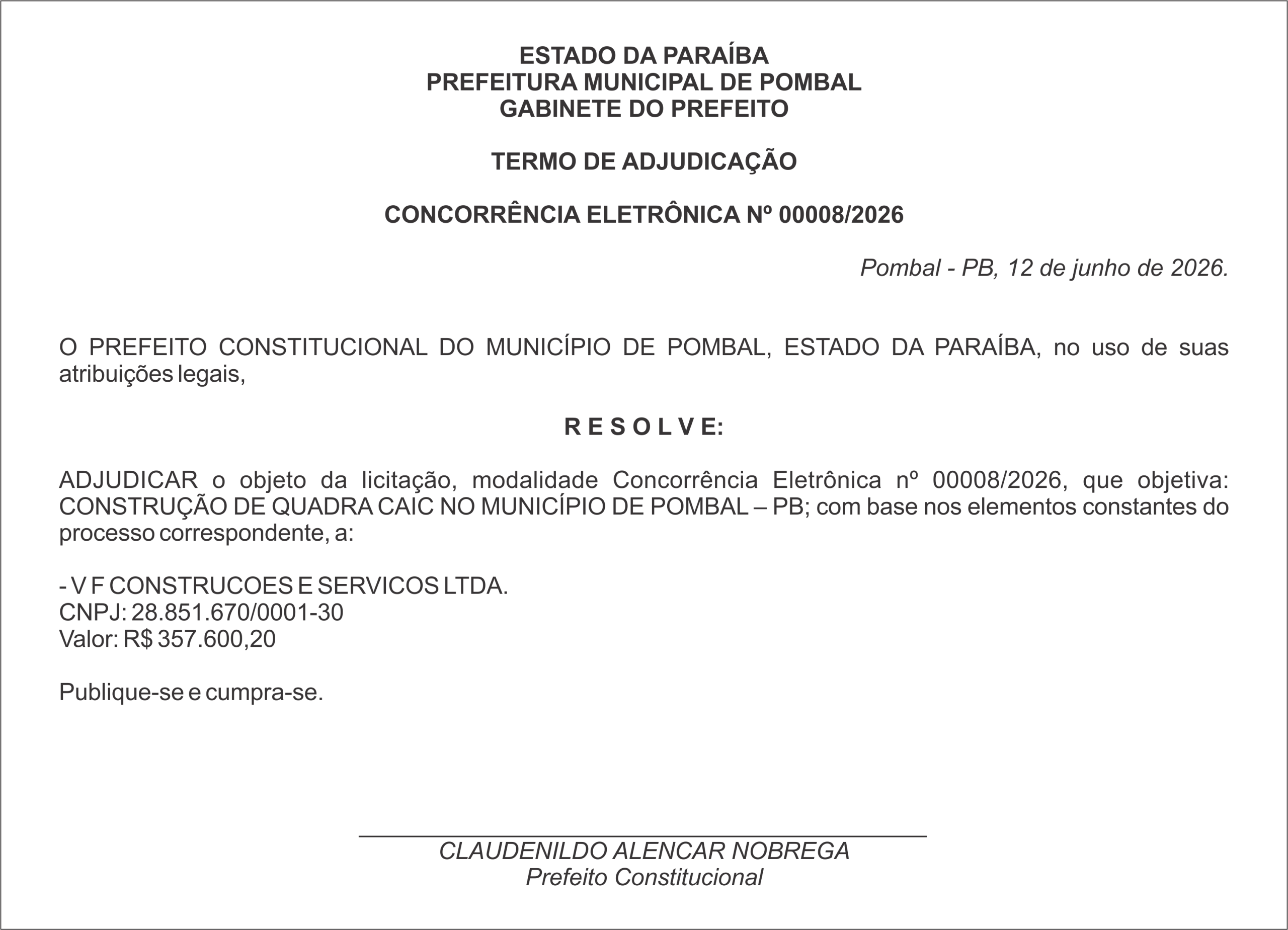 PREFEITURA MUNICIPAL DE POMBAL – HOMOLOGAÇÃO