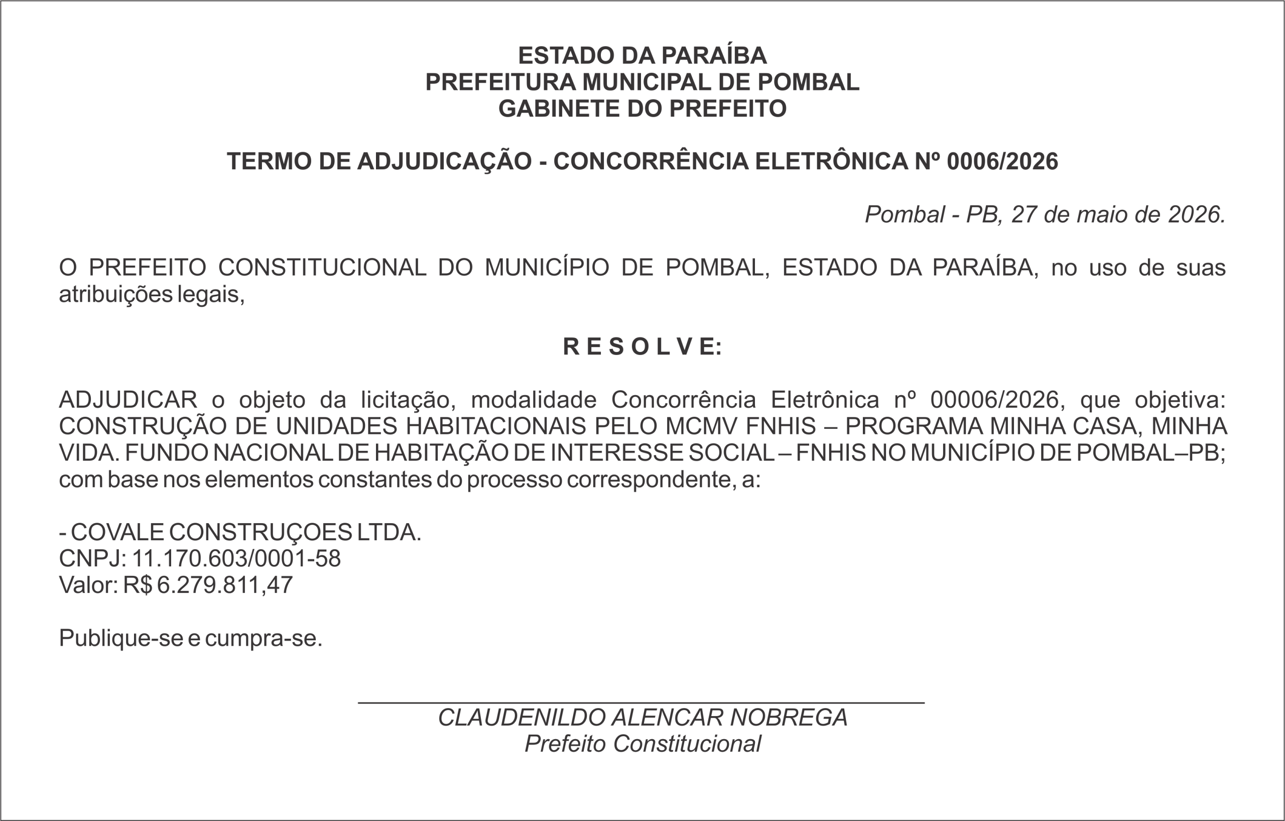 PREFEITURA MUNICIPAL DE POMBAL – TERMO DE ADJUDICAÇÃO – CONCORRÊNCIA ELETRÔNICA Nº 0006/2026