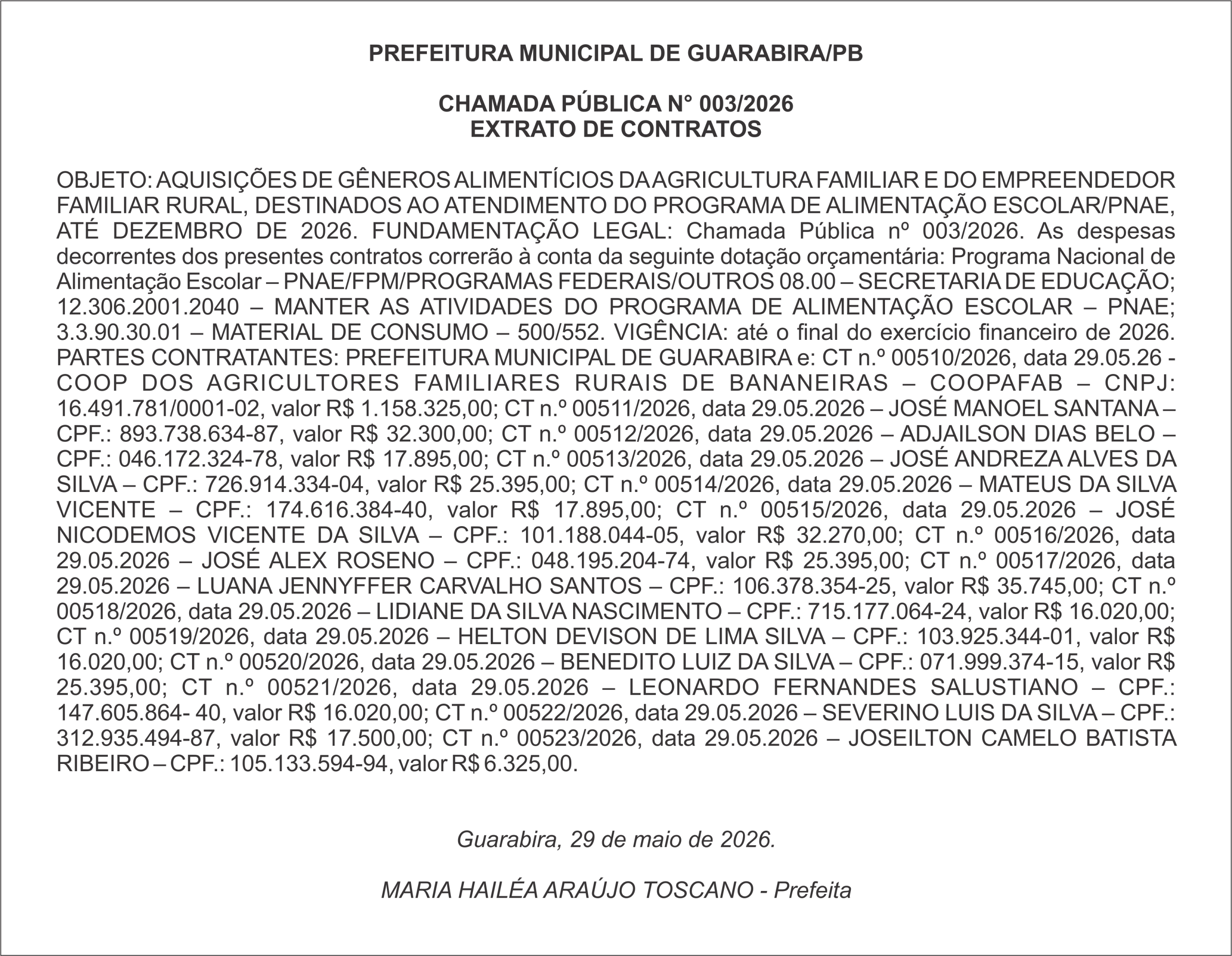 PREFEITURA MUNICIPAL DE GUARABIRA/PB CHAMADA PÚBLICA N° 003/2026 EXTRATO DE CONTRATOS