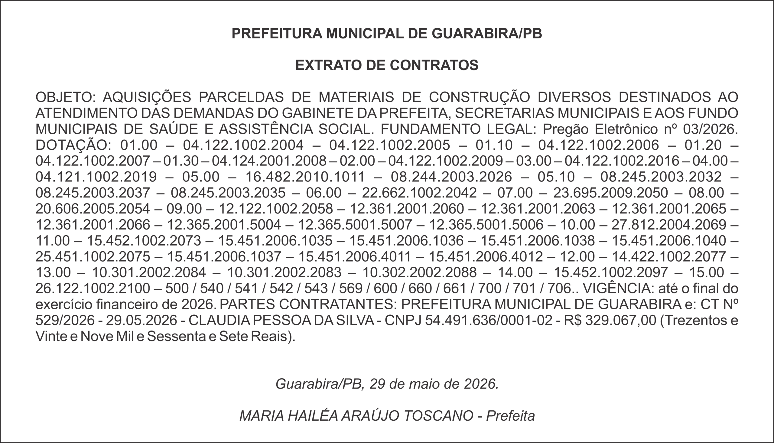 PREFEITURA MUNICIPAL DE GUARABIRA/PB – EXTRATO DE CONTRATOS