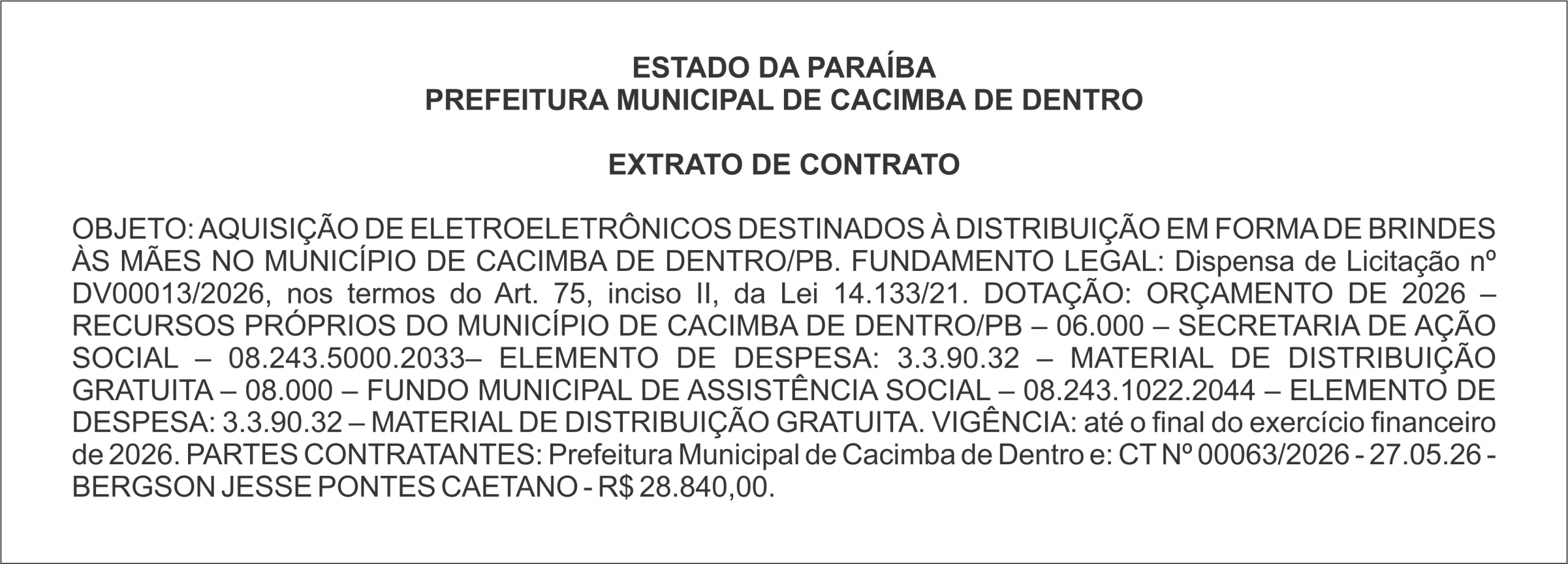 PREFEITURA MUNICIPAL DE CACIMBA DE DENTRO EXTRATO DE CONTRATO